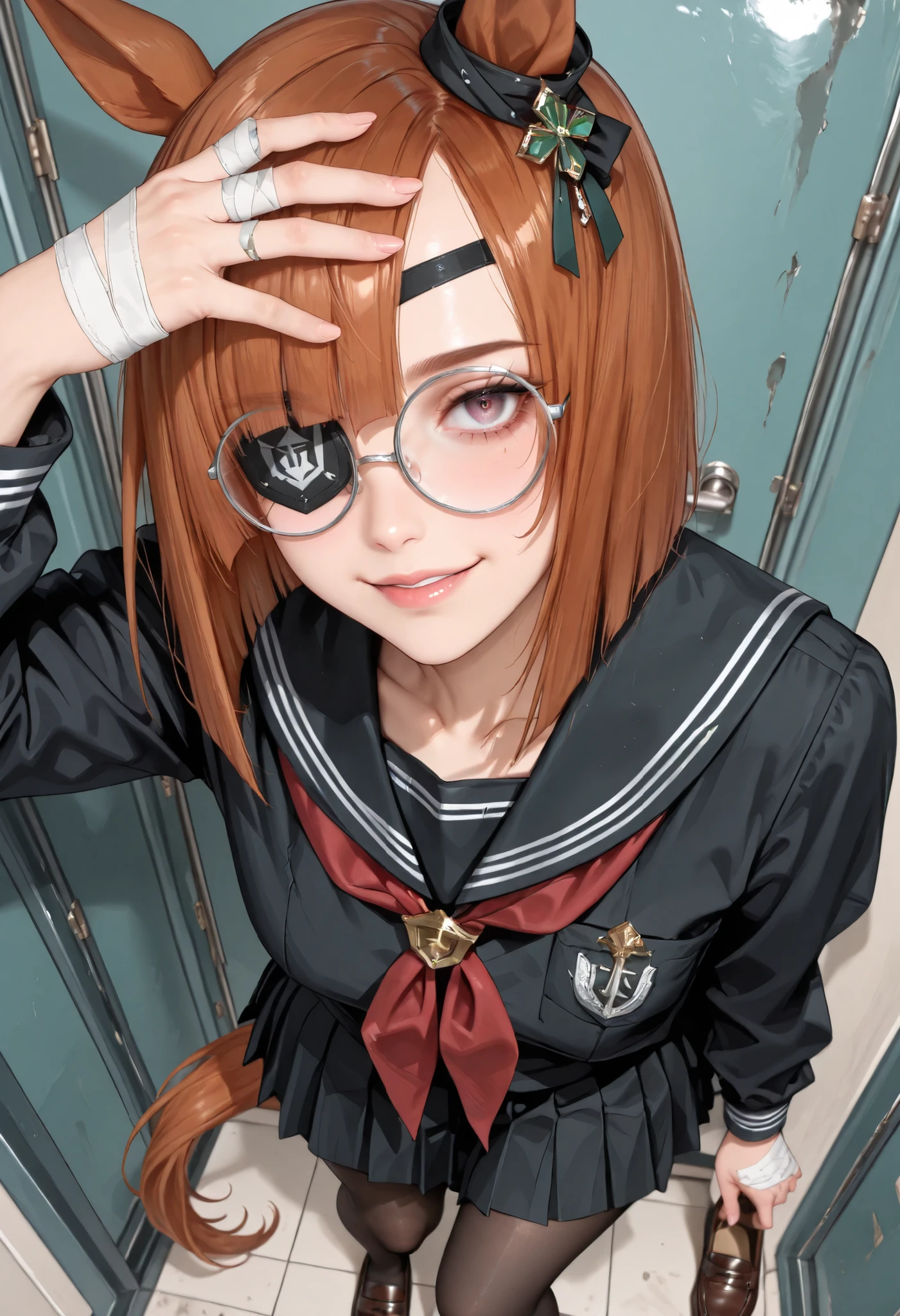 (masterpiece, best quality, perfect face:1.4), wide angle, ikuno dictus \(umamusume\), 1girl, glasses, round eyewear, horse ears, ear ornament, horse tail, tail on the lower back, proportional body, proportional,1 girl, beautiful hair, beautiful face, beautiful detailed eyes, beautiful clavicle, beautiful body, beautiful chest, beautiful thigh, beautiful legs, beautiful fingers, looking at viewer, BREAK, black serafuku, long sleeves, black sailor collar, red neckerchief, black skirt, pleated skirt, black pantyhose, loafers, BREAK, sharp eyesight, ((eyepatch to left eye)), Place your hand on your forehead, bandages on hands, open-fingered glove, yandere, crazy, morbid love, An innocent smile, possessiveness, desire for control, textured skin, realistic skin, HDR, BREAK, good hands