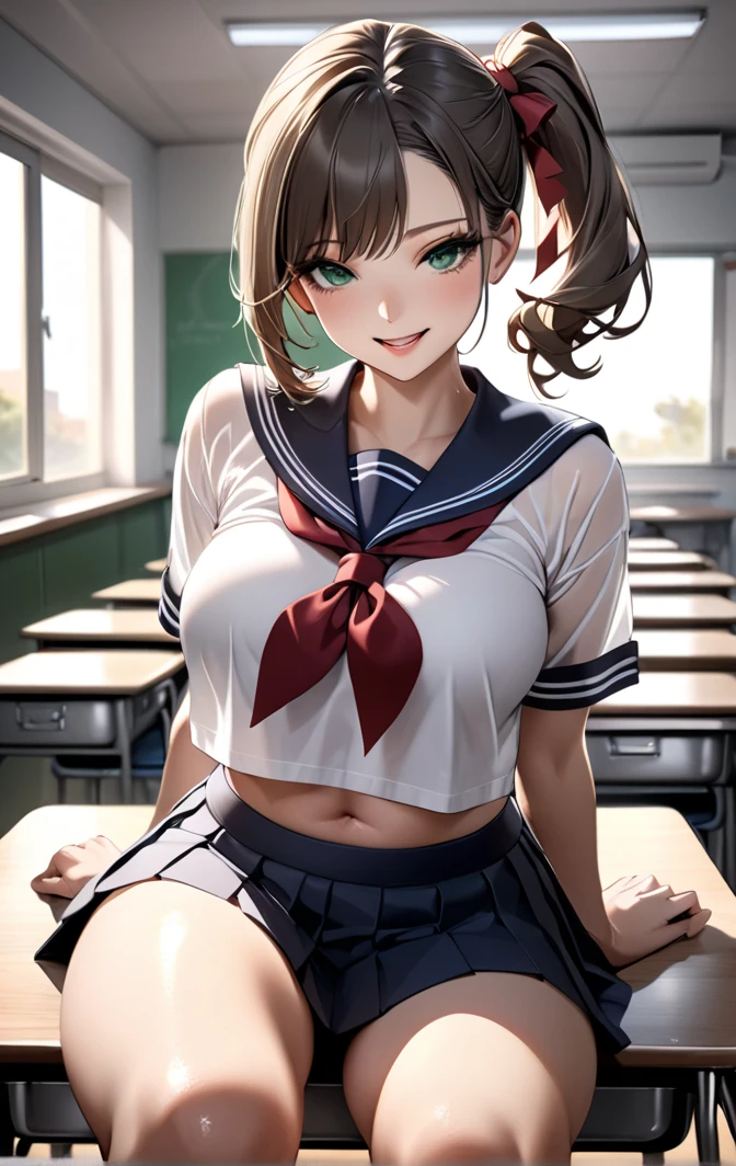 (dynamic angle:1.3, front view:1.1, breast focus:1.3, from below:1.2), (dynamic posing:1.5, sexy posing:1.2, leaning forward), (seductive smiling:1.3), ((looking at viewer, holding a cake)),highest quality、(real、photorealistic:1.4),(ultra high resolution, 8K RAW photo, clear focus), best qualtiy, natural lighting, field depth, (Bright pupils, detailed beautiful eyes, high detailed face), Red lip, (tight focus:1.2, from below), sexy posing, a girl 22yo old, teacher, wearing a , bootyshorts, Thicc, thin breast, long hair, blue eyes,off-shoulder dress, sweater dress, off-shoulder sweater, red sweater,garter stocking, cleavage:1.1, midriff, black shorts, black thighhighs, thigh strap, pretty girl, (highly detailed beautiful face and eyes,firm breasts),real skin,((black,hair,long pony tail hair)),thin pubic hair,cute,lovely, detailed eyes, This masterpiece is only visually stunning but also tells,(double breasted:1.0,under bust:1.0),(with sparkling eyes and a contagious smile),open mouth, Looking at Viewer,