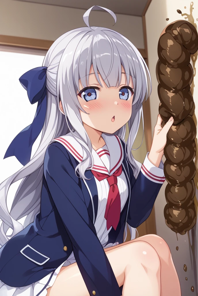 A 15-year-old Japanese super beautiful young lady with white hair in a bun, wearing a super shiny blue long-sleeved sailor uniform. A pussy covered in white slime and pubic hair is forced open She was raped by the doctor and had sex in the missionary position while crying
