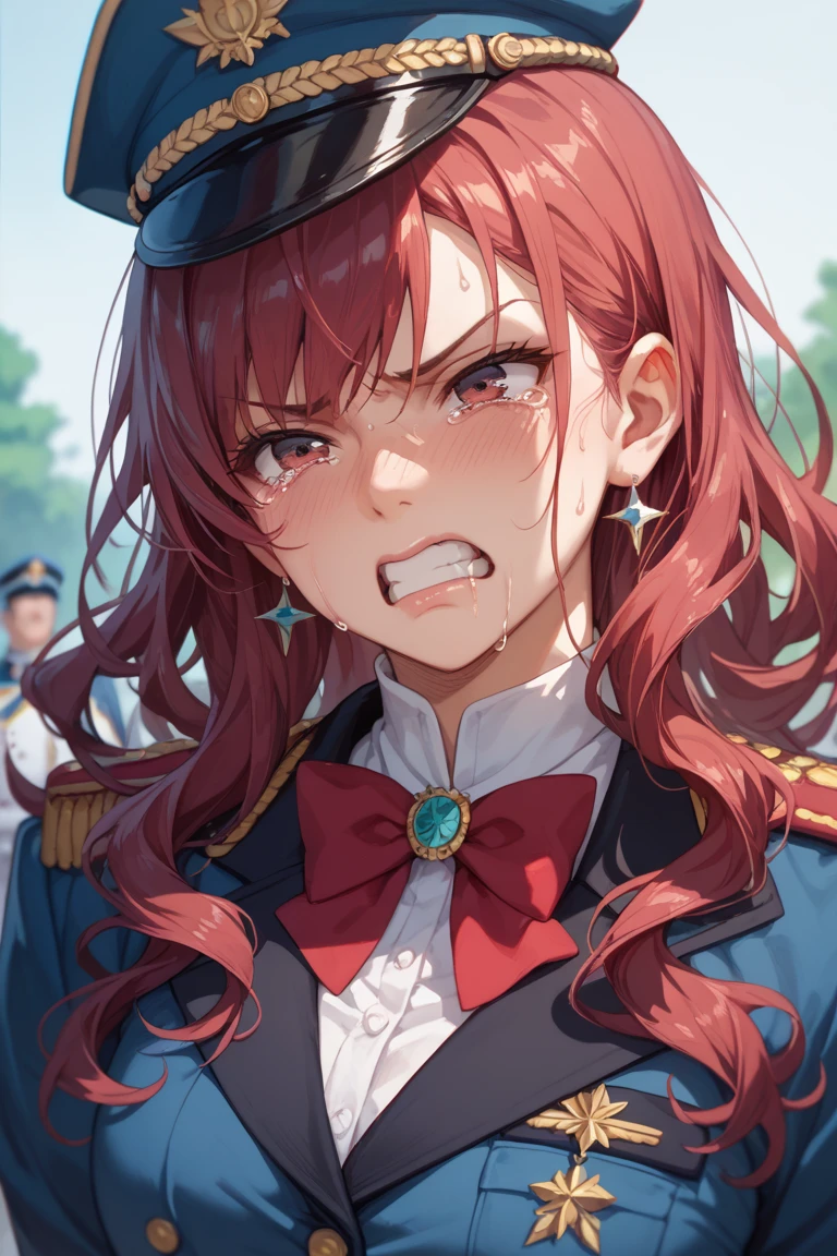 (masterpiece, best quality:1.2), aquascreaming, solo, 1girl, mastdef, screaming, open mouth, crying with eyes open, hat, white coat, epaulettes, choker <lora:mast-nikke-richy-v2:1> <lora:concept_aquascreaming:1>
