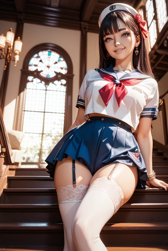 top-quality, masterpiece, (Professional lighting without shadows), A hyper-realistic, Bewitching, perfect anatomia, Two girls, (Proudly stand in front of the camera、Girl showing off ribbon tie, Another girl on the other side、Bend over and stick your butt out towards the camera), ( For the perfect body、Huge breasts:1.3), Bright and even whitening skin without wrinkles and steps, (bright beautiful blue eyes with long eyelashes and red tear bags,,、Reflects a lot of light:1.3)、 Braided half-up hair with bangs, (Her outfit is、Dress up tight fit cramped schoolgirl uniform with super short super mini pleated skirt:1.3), (Proudly showing off a crimson ribbon tie from the front), (Another girl on the other side、To beautifully emphasize the proud ultra mini pleated skirt、Showing off a pose with the buttocks exposed from directly behind:1.4), (Beautiful face squinting in dazzling light:1.3), (ssmile), (Plump red teardrop bag:1.3),