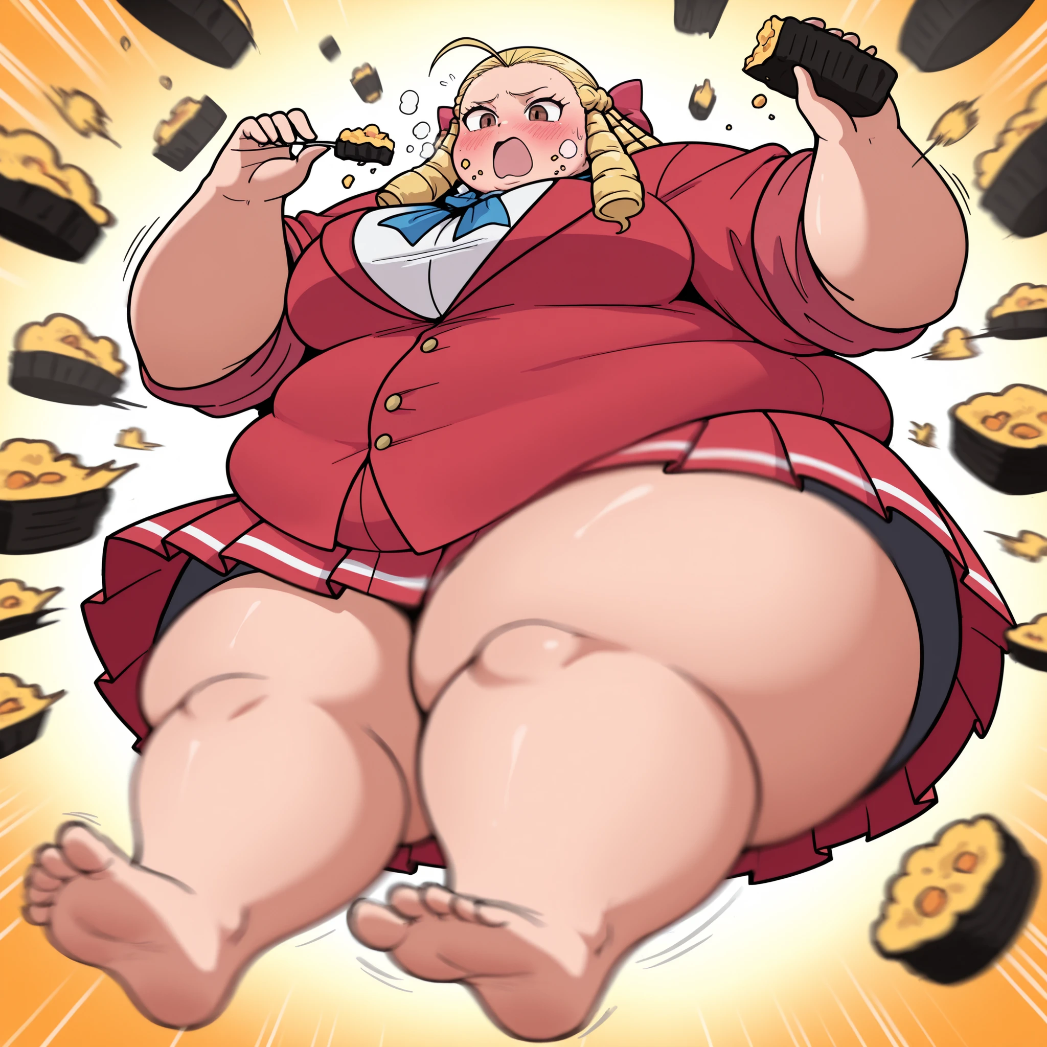 solo,
Kanzuki karin,1girl, blond hair, ,brown eyes, drill hair, , from below,
large breasts,white shirt,red bow,sleeves rolled up,pleated_skirt,BREAK, tones of food,
rush with food,food rush,multiple hands with food, multiple food,,hands with food,(motion_blur:1.2),(motion line:1.1),speed_lines, fat, chubby, obese, gigantic arms and legs, large breasts open mouth, out of breath eating food, blush, embarrassed, full body shot, showing feet,