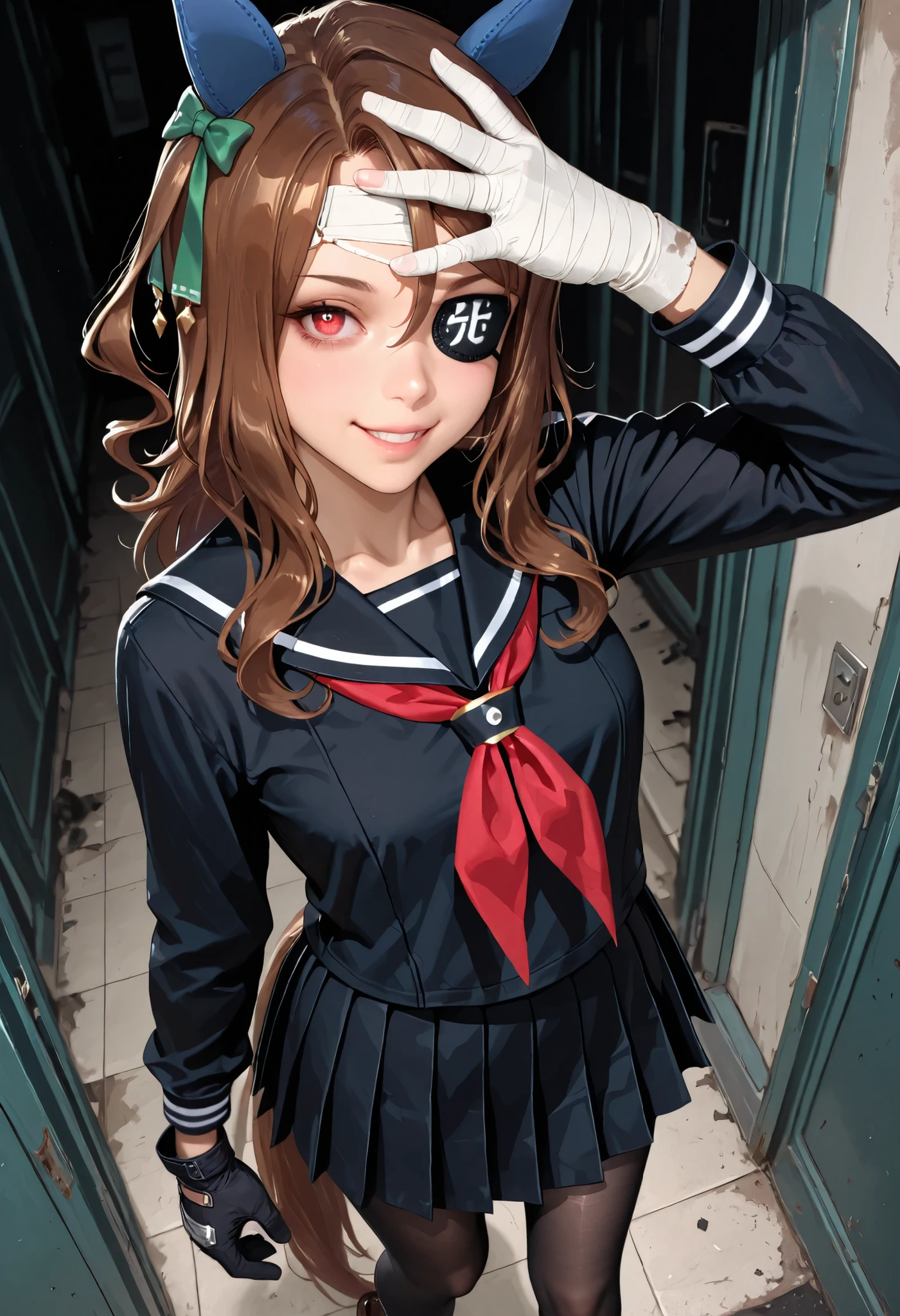 (masterpiece, best quality, perfect face:1.4), wide angle, king halo \(umamusume\), 1girl, horse ears, ear cover, ear ornament, horse tail, tail on the lower back, proportional body, proportional,1 girl, beautiful hair, beautiful face, beautiful detailed eyes, beautiful clavicle, beautiful body, beautiful chest, beautiful thigh, beautiful legs, beautiful fingers, looking at viewer, BREAK, black serafuku, long sleeves, black sailor collar, red neckerchief, black skirt, pleated skirt, black pantyhose, loafers, BREAK, sharp eyesight, ((eyepatch to left eye)), Place your hand on your forehead, bandages on hands, open-fingered glove, yandere, crazy, morbid love, An innocent smile, possessiveness, desire for control, textured skin, realistic skin, HDR, BREAK, good hands
