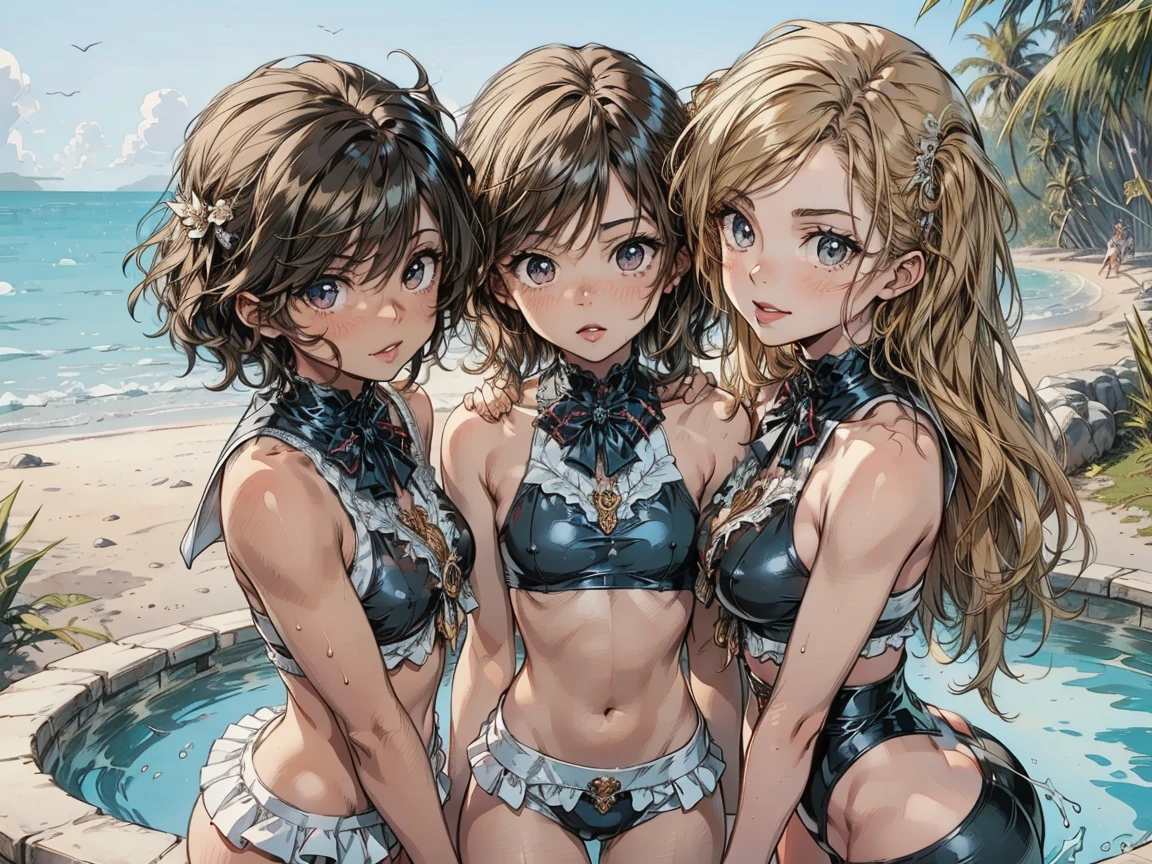 (masterpiece), best quality, expressive eyes, perfect face, 1girl, squatting, ((golden outfit)), golden high heels, (visable pussy),((visable nipple)), ((grin)), (((((cum in pussy))))), beach, ((small breasts)), (((tears))), sunglasses, spread pussy, heart eyes,
