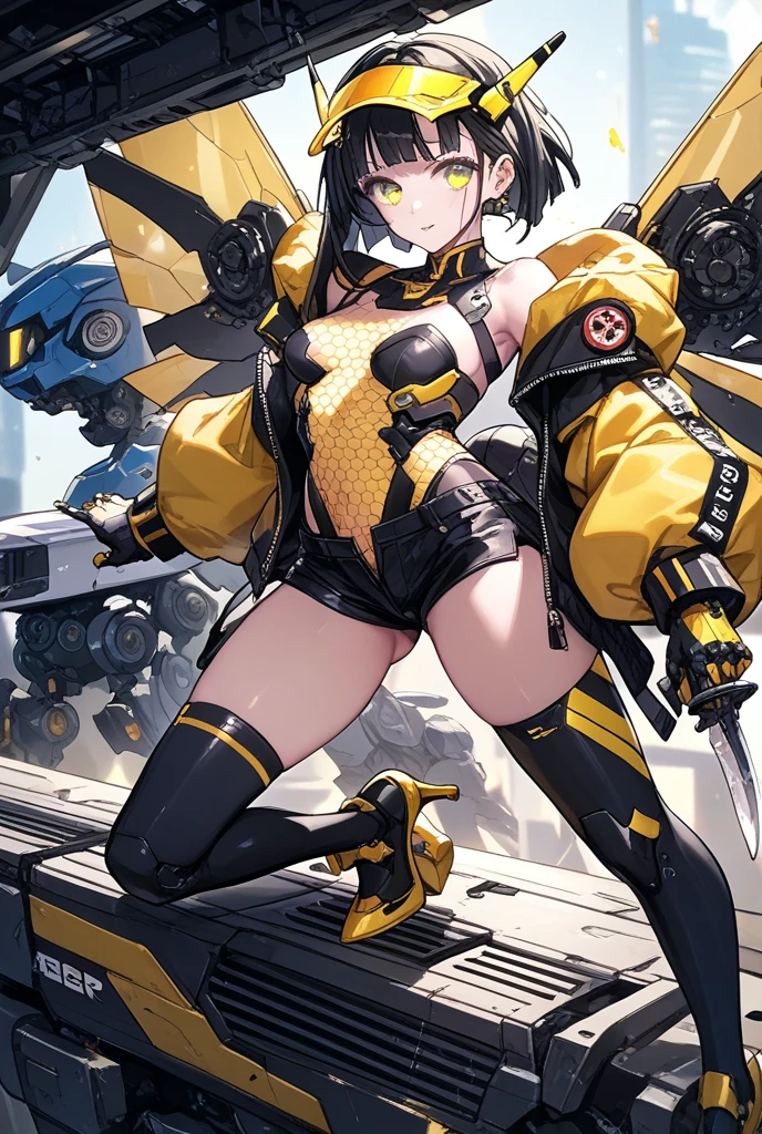 Masterpiece, best quality, Masterpiece, best quality, 1 woman , blue eyes , yellow ponytail , black leather jacket , sly face , smile , bikini , abdomen, big breasts , Long legs , boots , hands on hips , blank background