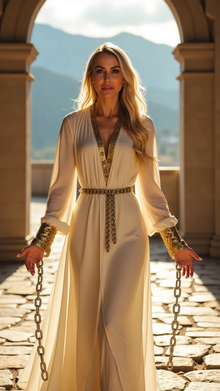 Masterpiece, a beautiful Viking woman, ((Marilyn Monroe:Michelle Pfeiffer:0.5)), (high detail plunging Celtic gown), (medium breasts), (perfect body), (blonde matted hair), (short hairstyle), outside, (skin texture:1.1), best quality, ultra high res, Raw photo, Nikon D850, backlight, rimlight, bright sunlight, film grain:1.2, (warm hue, warm tone:1.2), (color photo), fantasy Viking village background