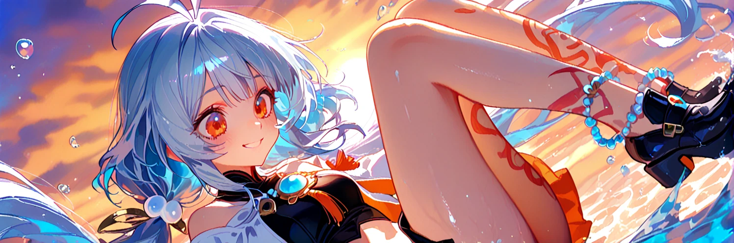 1girl, aegir \(azur lane\), azur lane \\\\\ masterpiece, best quality, very aesthetic, absurdres, newest \\\\\\ sportive body, \\\\\\ by nyantcha,,by cutesexyrobutts,by khyle, ///// white hair with a single prominent red streak, black horns, yellow eyes, ,nude,naked, ,big tits, nice ass, onsen, outdoors, sunset, sun, steam, lying on stomach,horny smile