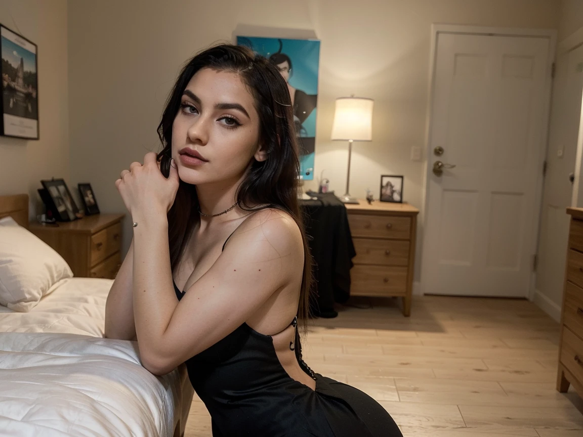 1girls, Nur, green Hair , 24 years old , She is wearing a black dress with a slit, heavy makeup, and extravagant jewelry.