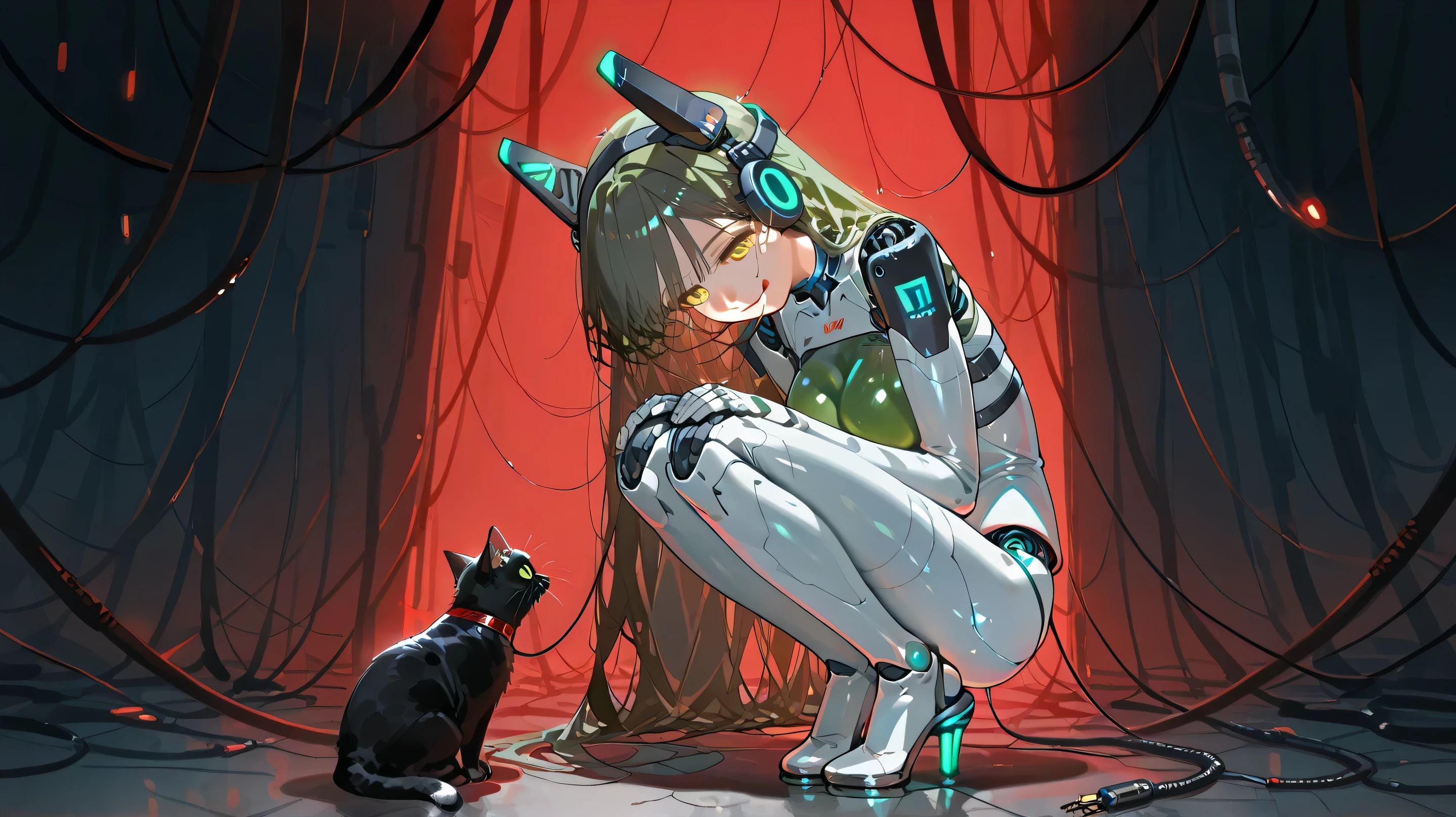 fragile_doll,1cat, cat,Cyberware, cybernetic lines, exposed mechanics, cable,cyborg, mechanical parts, robot joints,sfw, female head,long hair,cyborg style,cyborg,JK, soft large breast,master piece,best quality,ultra detailed,ultra hires,8k,beautiful detailed face,beautiful detailed eyes,cinematic lighting, good_hands,breasts, 1girl, shock, noticing, looking down in shame, craving, small robot ears, medical equipment
Scene: a woman calm and innocent standing on floor, looking directly to the cat with a lowered head lamenting a loss, frowning but smiling with mouth closed, innocent, eyes half closed, one hand on knee, cables are plugged into her, bend over downwards to inspect cat sitting in front of her
A black cat is sitting next to the woman on the table with yellow eyes, head tilted, holding paw to her head, licking its paw
Atmosphere: Android, neon, future, thin lines, no skin color
viewed full frontal
background: red status screens sourrounding the woman, cables, machines, green overhead lighting, dramatic lighting, glowing lights, dramatic red background, lightning bolts arcing in the background,robotic high heels, neon monitor screens floating around her head