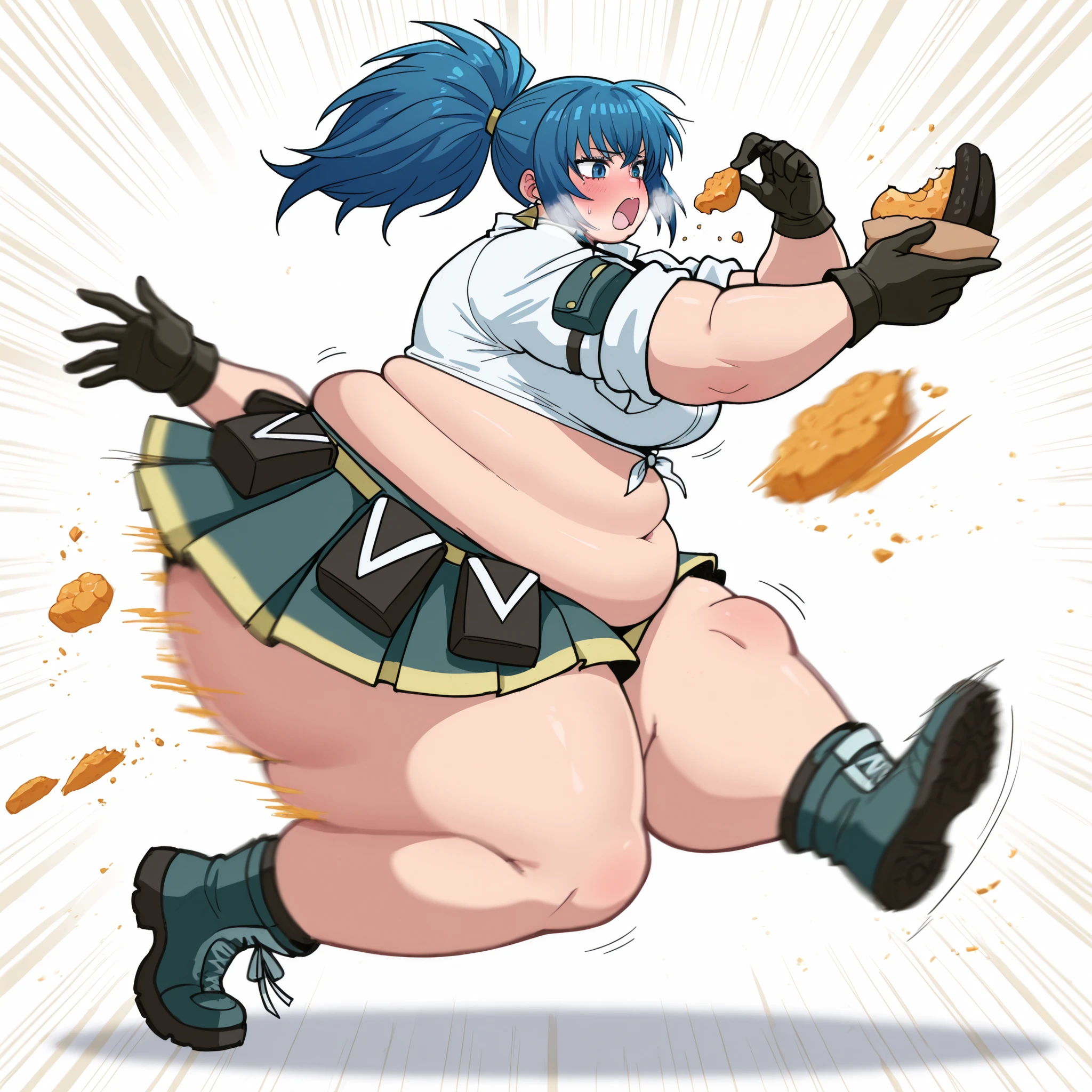 solo,
leona heidern,1girl, blue hair, ,blue eyes, ponytail, , from side,
large breasts,white shirt,red bow,sleeves rolled up,pleated_skirt,BREAK, tones of food,
rush with food,food rush,multiple hands with food, multiple food,,hands with food,(motion_blur:1.2),(motion line:1.1),speed_lines, fat, chubby, obese, gigantic arms and legs, large breasts open mouth, out of breath eating food, blush, embarrassed, full body shot, showing feet,