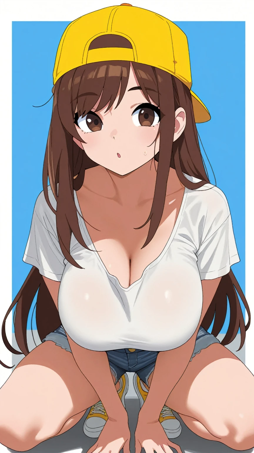 Lake Izu,((Highest quality)), ((masterpiece)), (be familiar with), One female,(Small breasts),Long Hair, Brown Hair, Brown eyes,White shirt,Exposing shoulders,((Erect nipples))