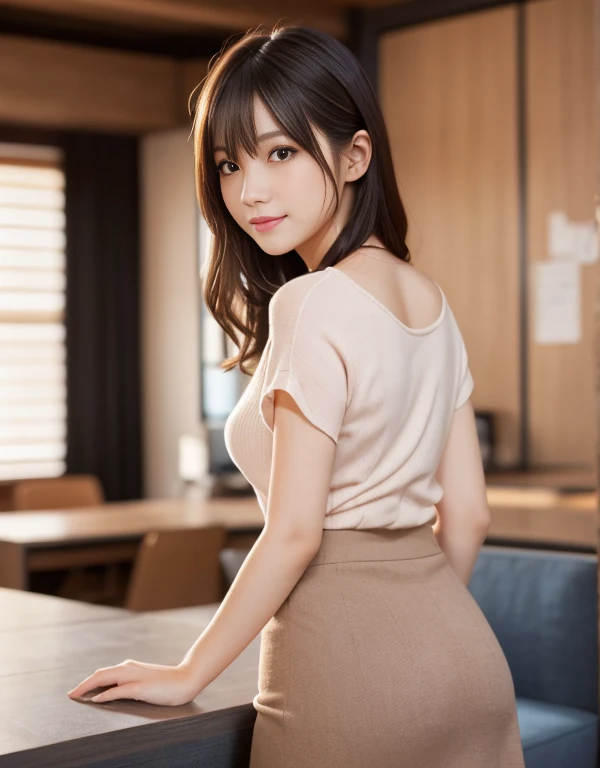 ((masutepiece, Best Quality, hight resolution, nffsw, Perfect Pixel, 4K, nffsw, nffsw))), 1girl in, Single, Solo, Beautie, boobsy 、full body seen、 ((Short Wave Hair, Bangs, Brown hair)), ((Brown-eyed, Beautiful eyelashes, Realistic eyes)), ((Detailed face, Blushing:1.2)), ((Smooth texture:0.75, Realistic texture:0.65, Photorealistic:1.1, sexy style)), medium breasts, Dynamic Angle, Perfect body, (White unbottoned shirt, mini tight Black skirt, sexy skirts))、sexy Minimalist school classrooms、early evening、Shy laughter、Angle looking up from below、sit a chair、 (The wind pulled up my skirt、Touch the skirt with both hands、、You can see all the buttocks、White floral panties)、