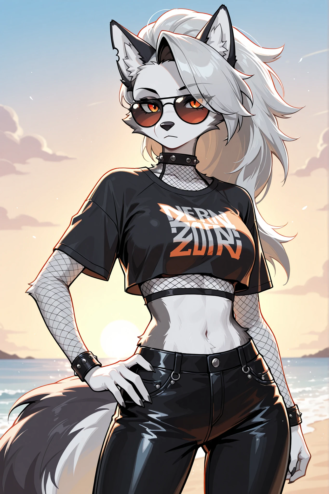 furry wolf woman, with white fur, black cropped shirt, and black leather pants on, fishnets, orange eyes, sunglasses, loona, digital anime style, zenless zone zero style, beach background