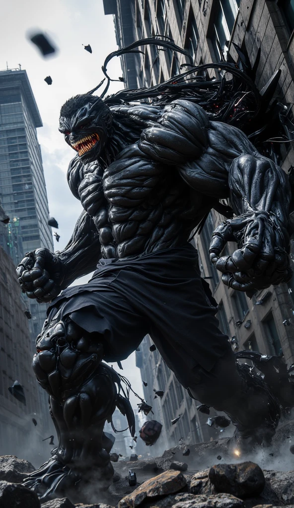 a fearsome, muscular superhero, venom symbiote, veiny skin, sharp fangs, long tongue, glowing white eyes, black and white costume, web slinging, dynamic pose, cityscape background, cinematic lighting, dramatic shadows, moody colors, hyper detailed, photorealistic, 8k, masterpiece
