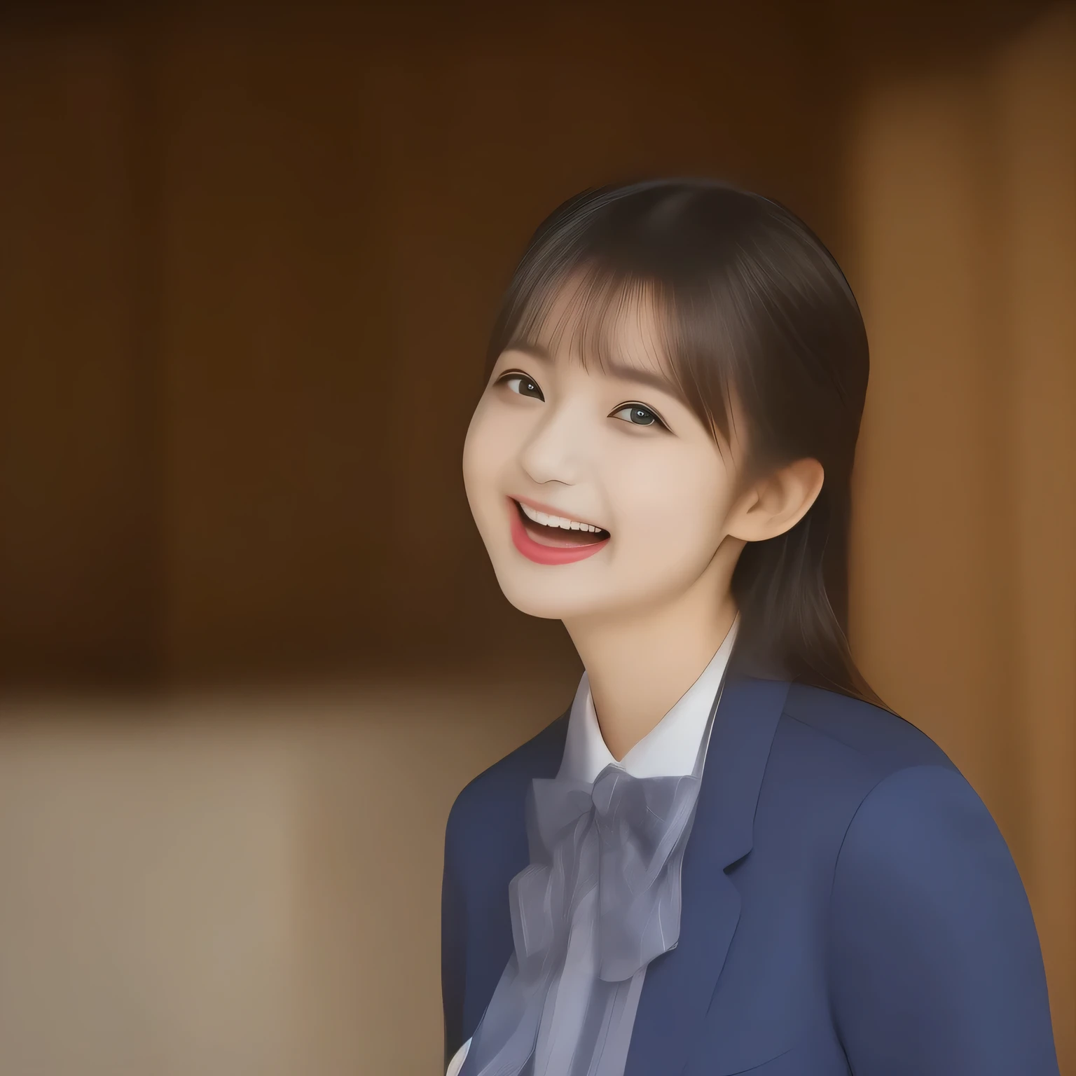 zinomy,(highest quality, masterpiece, high resolution:1.2), 4K, (Too beautiful (Japanese fashion magazine model) is laughing and inviting the viewer: 1.0), (((Pristine)) blazer-style navy uniform, 165cm height, Demure atmosphere, Mid-length navy plaid skirt, cutest striped shiny blue bow-tie: 1.2), (Beautiful ((Pristine)) pony-tail hair style, noble ribbon hair-clip), (Take a half-body shot from side), (Clearly detailed foreground, Noting but plain blue background: 1.0)