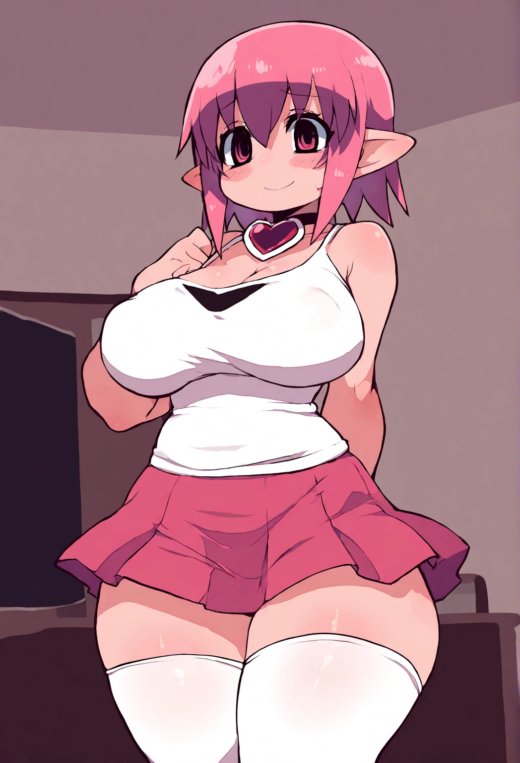 1girl, solo, deathlock-san, pink hair, pink eyes, pointy ears, gloves, large breasts, short hair, animal ears, bikini, smile, looking at viewer, facing viewer, indoors, cowboy shot, (best quality), (detailed), soft shadows, illustration, 4k, <lora:Deathlock-sanV2-000002:1>, <lora:ZANKURO_STYLE16:0.9>