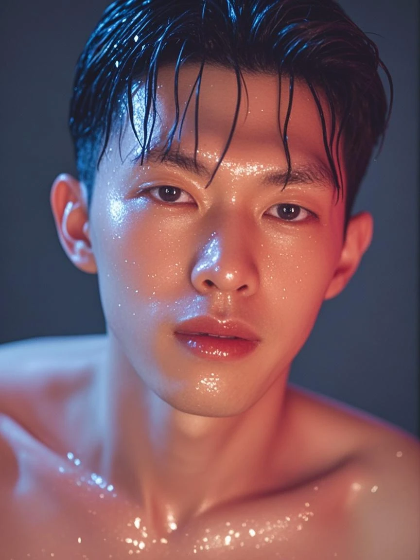 Japanese man, handsome, muscular, shirtless, soap bubbles, public bath, photoshoot, sharp image, portrait
