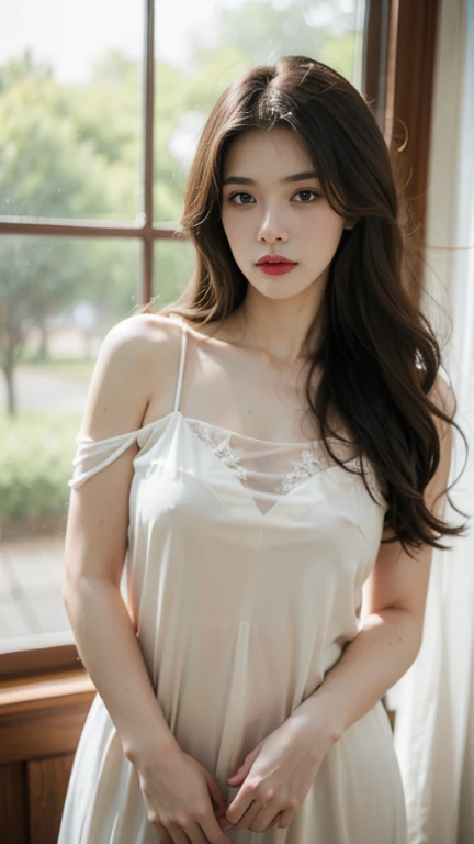 ulzzang-6500-v1.1, (Raw photo:1.2), (Photoreal), beautiful detailed girl, (See-through:1.3), (genuine: 1.4), very detailed目と顔, beautiful and fine eyes, elegant long dress、huge file size, High resolution, very detailed, highest quality, [masterpiece:1.6], enlightenment, very detailed, nffsw, finely, highest quality, 8k wallpaper, movie lighting, 1 girl, 17 years old, perfect body shape, Cute sagging eyes、beautiful big eyeuste piece)), highest quality, 1 girl, eye shadow, Upper body, portrait, ((full body shot:1.2))、