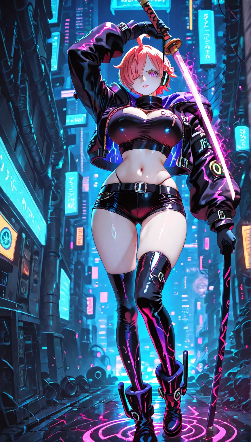 sexy pose, cyberpunk girl with massive breasts, skimpy rainbow robot bikini thong, robot mask, futuristic, intricate details, mechanical elements, neon lights, dark atmosphere, glowing eyes, chrome, hyper-realistic, cinematic lighting, masterpiece, 8k, photorealistic