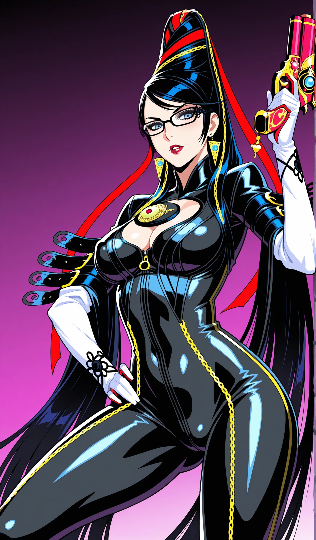 (Masterpiece), Best Quality, ultra-detailed, 1girl (jessie pokemon, Big and pretty breasts, naked body, hair slicked back, purple hair, long hair,blue eyes, half-closed eyes, black masquerade mask),evil face, smirk, parted lips, head tilt, mascara, full makeup, black eyeshadow, red lipstick, solo,black tight bodysuit, zipper, in the cellar, dark, dark light, standing, Sexy waist teasing, holding knife,from_below