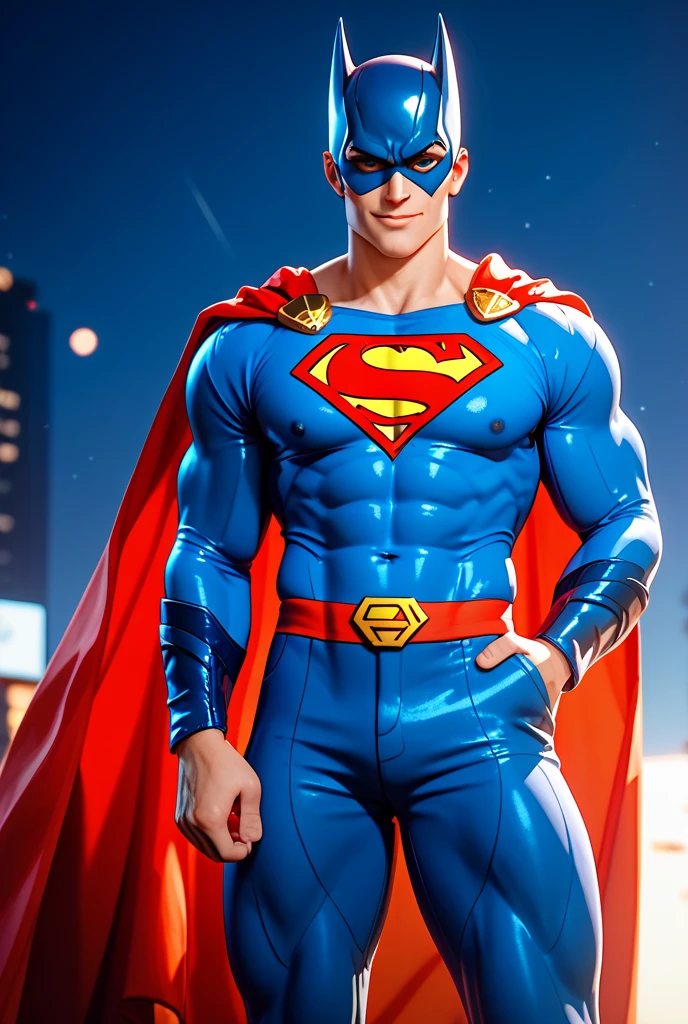 male, muscular, superhero, blue spandex suit, red underwear