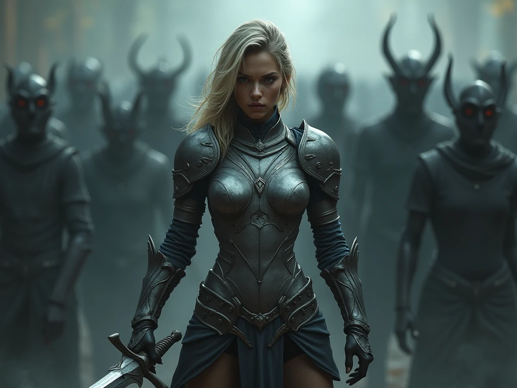 NSFW, 8k, best quality, highres, realistic, real person, A dynamic scene of a fierce and muscular female knight with golden hair, wearing light armor that reveals her muscular abdomen and arms, caught in the action of swinging her massive sword and shouting fiercely. She is in the midst of battle, the intense expression on her face reflecting her battle cry, with the ancient castle and the chaos of the siege in the background.