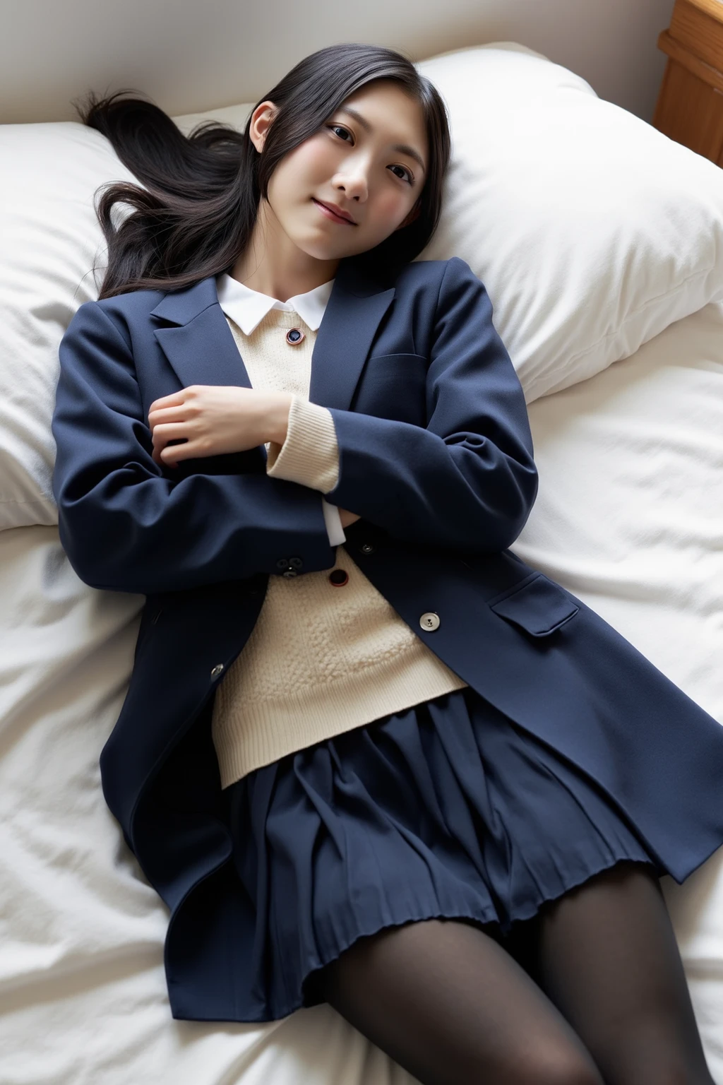 (((Dressing:2.0))), (((shool uniform:2.0))), (((Dress up reliably:1.8))), (((pantie shot:1.8))), (((Sleeping on your side on the bed:1.8, Point your butt at the camera:1.5, Bend both knees:1.8))), (((shool uniform:1.8, Dark blue pleated skirt:1.5, white panties with a small area,:1.5))), (ssmile:1.5), 1girl in, 15yo student, 7headed body, Ideal ratio body proportions, erectile nipple, Medium hair, A dark-haired, With bangs, small tits, A slender, Small buttocks, beauty legs, Skinny Legs, surrealism, Cinematic lighting, depth of fields, One-person viewpoint, F/1.8, 135 mm, nffsw, masutepiece, ccurate, ((Anatomically correct:1.3)), Textured skin, Super Detail, high details, High quality, awardwinning, Best Quality, hight resolution, 8K