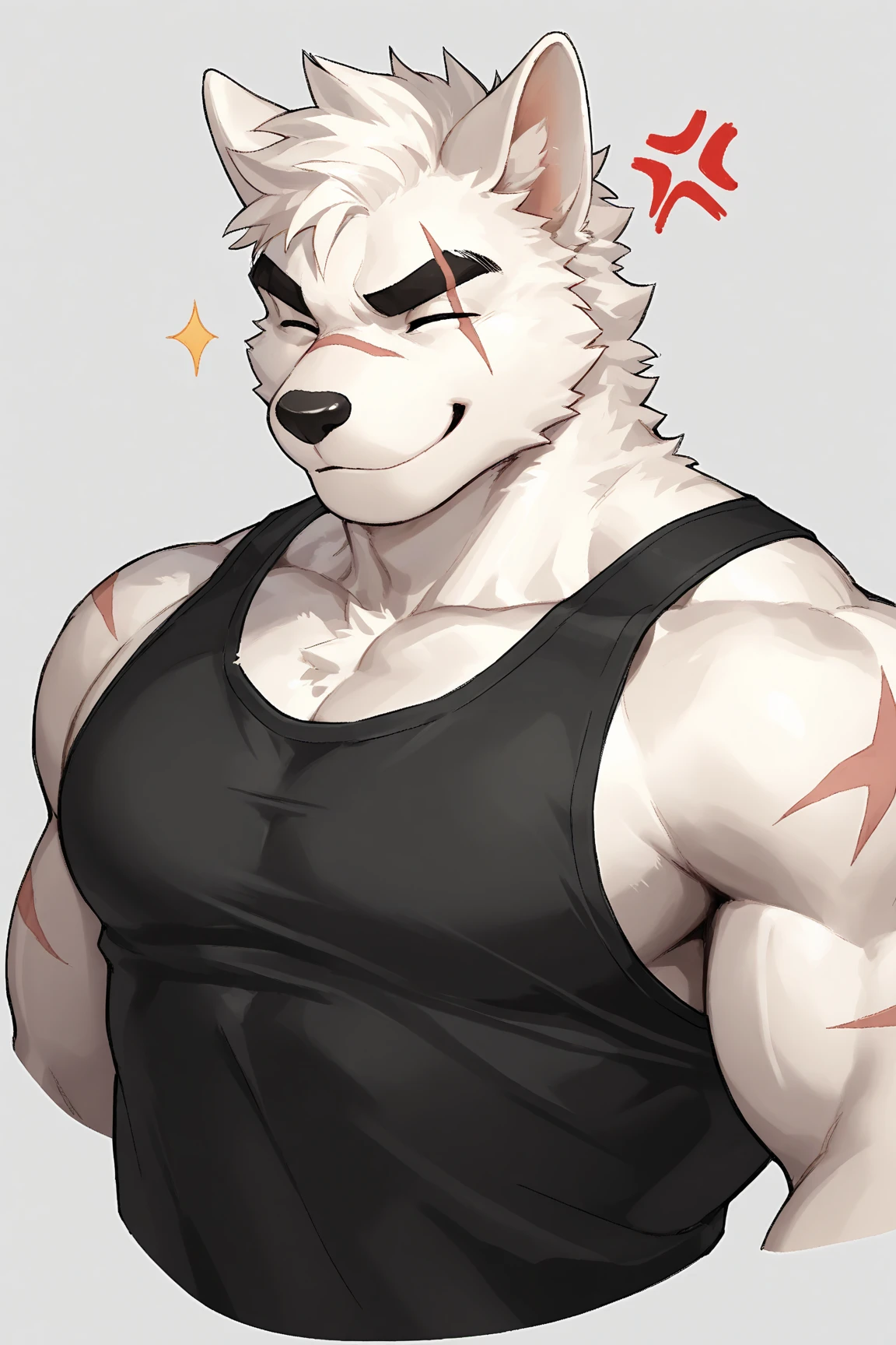 front view, white background, hands on hips, Furry, wolf, male, muscular, muscles, thick eyebrows, wearing hoodie(shirtless, hoodie, open hoodie, handsome), sweat, sweating, wearing boxer briefs, look at viewer, blushing, shy, smiling, happy