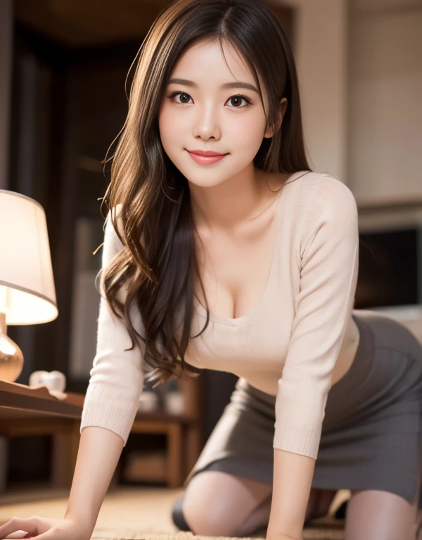 whole body, highest quality, Realistic, Very detailed, finely, High resolution, 8k wallpaper, One beautiful woman,, Light brown messy hair, Wear a business suit, Sharp focus, Perfect dynamic composition, Beautiful and detailed, Thinning hair, Detailed Realistic skin texture, smile, Close-up portrait, Model Body Type,Cleavage、length, Muscular, Beautiful legs、Beautiful feet、Super mini tight skirt、thin black pantyhose、I can see the toes of her high heels、Perfect Style、Sit on a chair、View from below、Healthy Thighs、tight ankles、