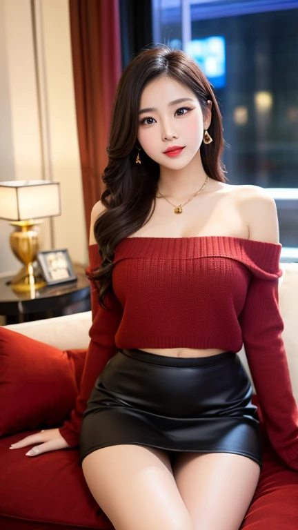 ((masutepiece, Best Quality, hight resolution, nffsw, Perfect Pixel, 4K, nffsw, nffsw))), 1girl in, Single, solo, Beautie、full body seen、 ((Medium length wavy hair, bangs, Brown hair)), ((Brown-eyed, Beautiful eyelashes, Realistic eyes)), ((Detailed face, Blushing:1.2)), ((Smooth texture:0.75, Realistic texture:0.65, Photorealistic:1.1, Anime CG style)), medium breasts, Dynamic Angle, Perfect body, ((Santa Claus Costume、 red and white knit hat、Red off-the-shoulder sweater、red and white long flared skirt、 Black stockings、high-heels)), Kamimei、a necklace、earrings、Classrooms without people、Sit on a desk、Lower&#39;I took my foot off the desk.......................................、early evening、、、Very embarrassing panic smile、(((Lift the skirt with your right hand、rubbing the chest with the left hand、Open both legs、Open your knees wide)))、(Pink floral lace panties)、、、Angle from below