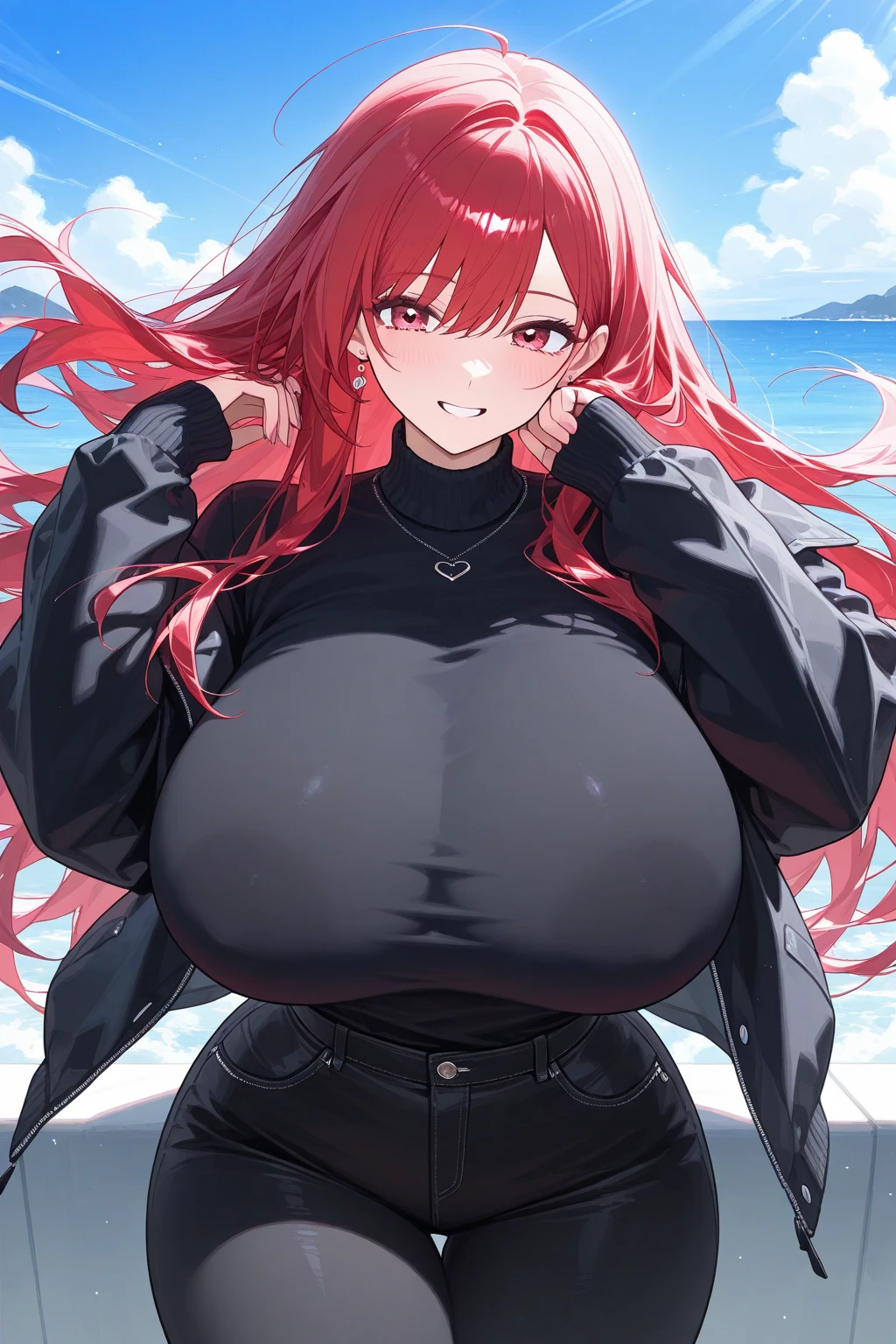 masterpiece, best quality, high detail, beautiful woman, solo focus, long wavy hair, pink hair, large bust, cleavage, (black bra and blazer), (black maxi pencil skirt), long skirt, midriff, navel, wide hips, looking at viewer, leaning forward, full-face blush, open mouth, surprised, wide-eyed, scared, beach, summer, cloudy sky, sun, sweaty, very sweaty, wet, wet clothes, wet skirt, ocean waves,