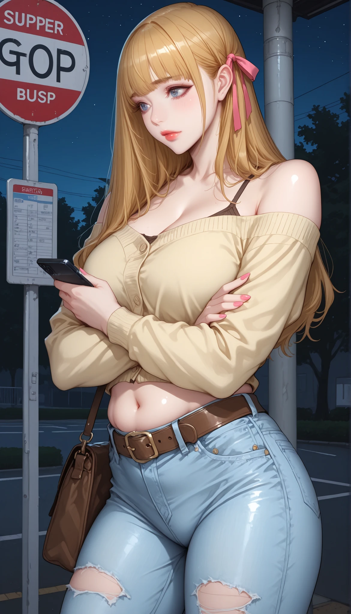 (PONY XL) Liya - FITNESS [ MANHWA], gorgeous pretty adult woman with orange-blonde long hair, forehead hair bangs, big blue eyes, fair natural skin, pink nails, small yet slightly plump breasts, small waist, plump light-red lips, and a perfect slender body. She's wearing a mid-riff revealing mini short brown top with spaghetti straps and a V-neckline, a separate baggy front-open yellow cardigan worn in an off-shoulder style, a separate long tight blue ripped jeans, a belt, and one hair ribbon on the side. She's standing at a street's bus stop, night sky, dark, arms crossed, holding one phone, visible stomach, plain expression. Show from her head to knee, SOLO, and super hyper-detailed.