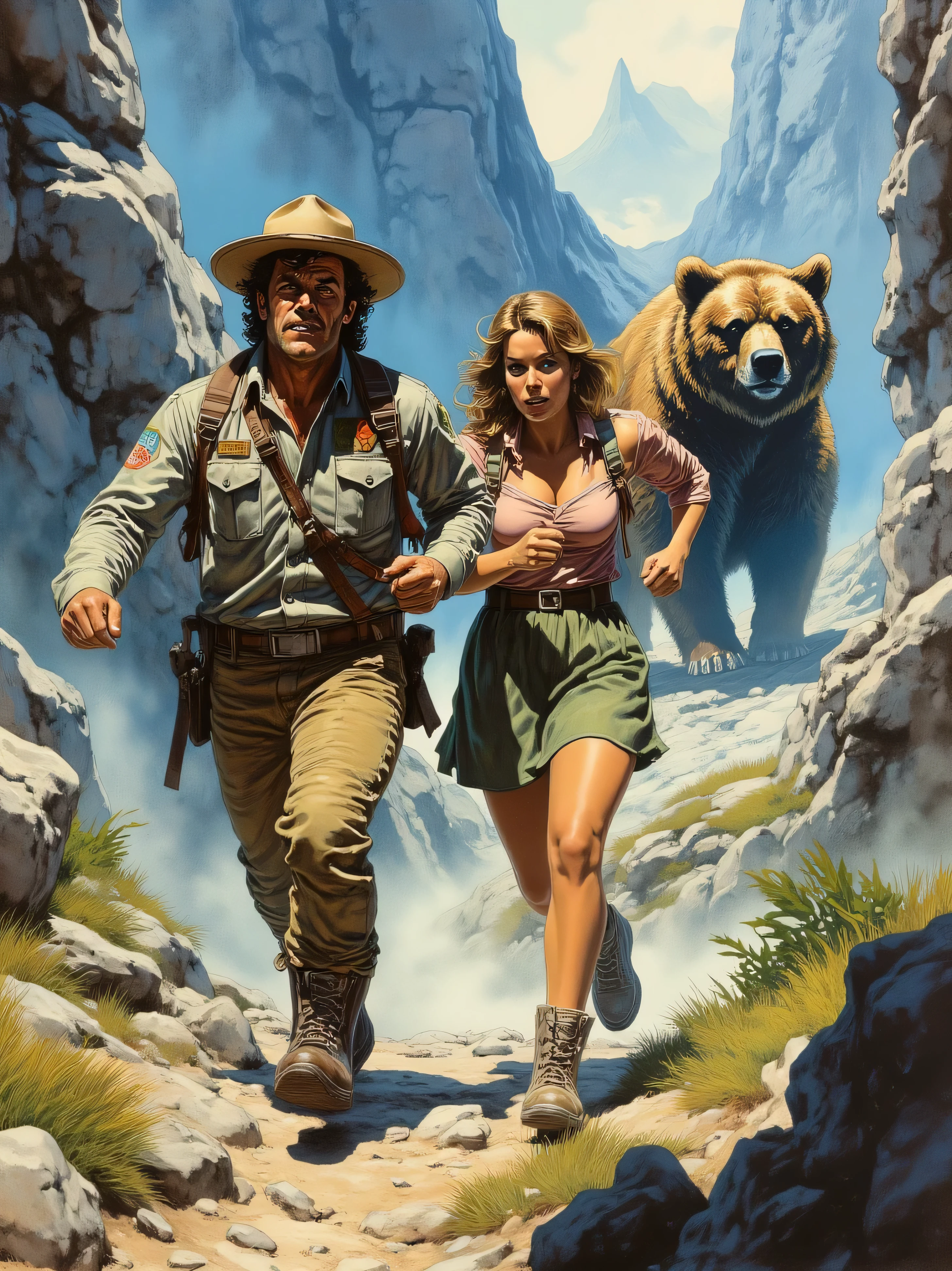 Mountain Ranger wearing typical American ranger clothes runs with a faux, his partner in skirt and blouse through the Rock Mountains, In the background, a grizzly bear