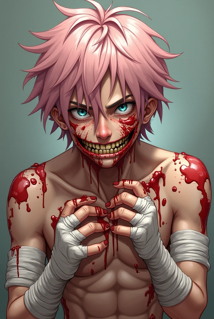 Features of Japanese animation, Thin humanoid man with cut marks and scars on his body., He has red eyes and purple hair.., He has a mischievous smile on his face and wields two scythes of flesh and blood..