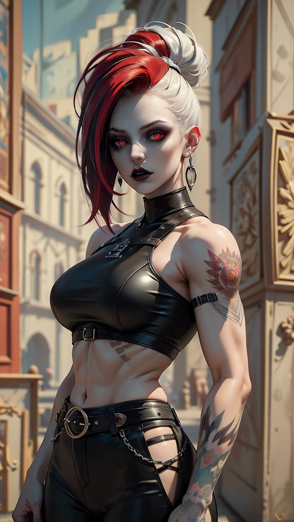 Full-body photo, fully clothed, (tiny petite short arrogant aggressive europ punk girl:1.4), (detailed face:1.4), (deep cleavage), (big fake silikon breasts:1.4), (punk hair), (facial tattoo), (tattooed face:1.4), (tattoos:1.4), bdsm slave collar, (transparent fishnet clothes), (sunglasses), (narrow waist), (studded gloves), red lipstick, red boots.