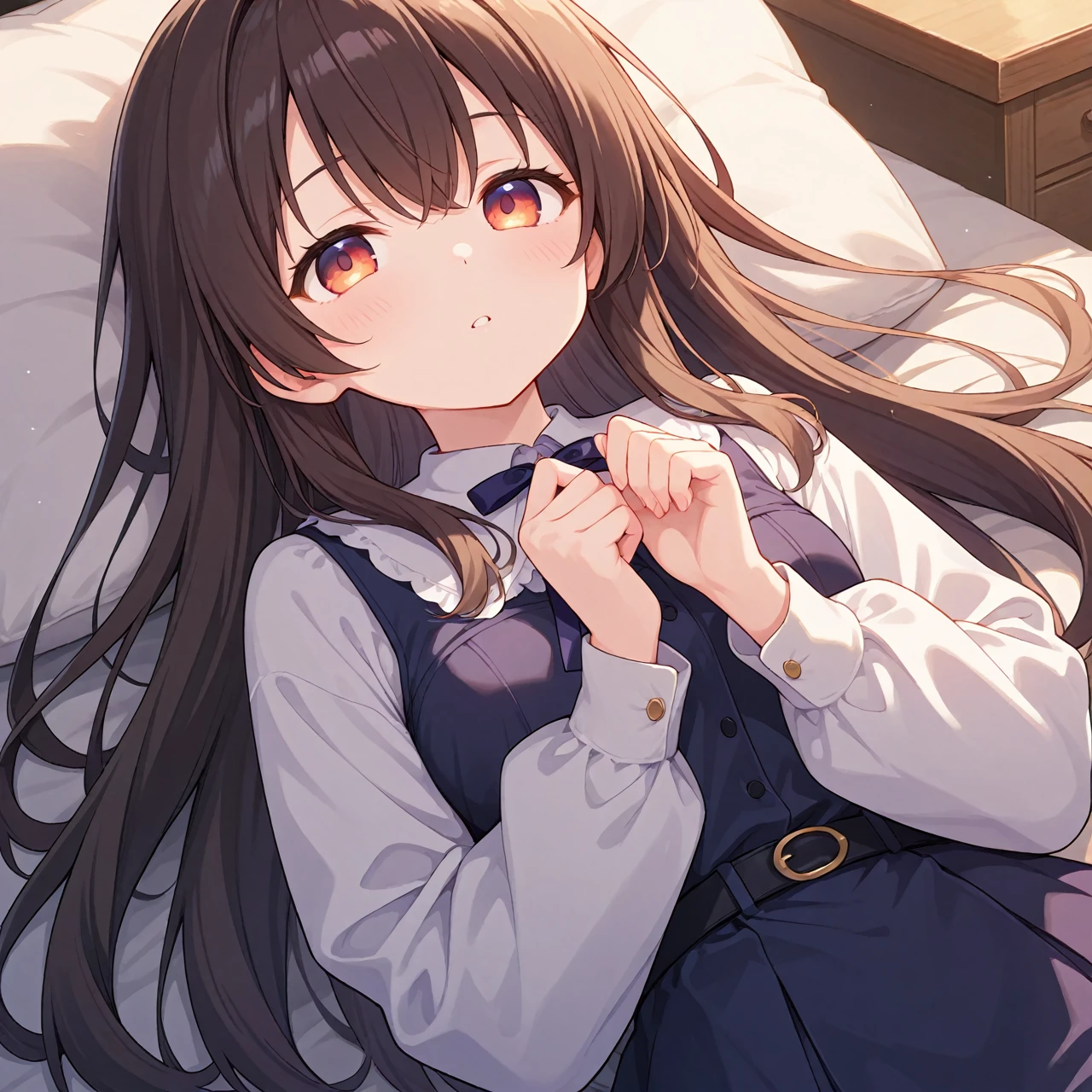 brown eyes,long hair,clover hair ornament,ahoge,blue jacket,white dress, long sleeves,green bow, black thighhighs,sneakers,amamiya mimori, on bed, panties, knees up, on back, flustration,open legs, missonary position,pov,standing penis,handjob by boy, scared face, cum,