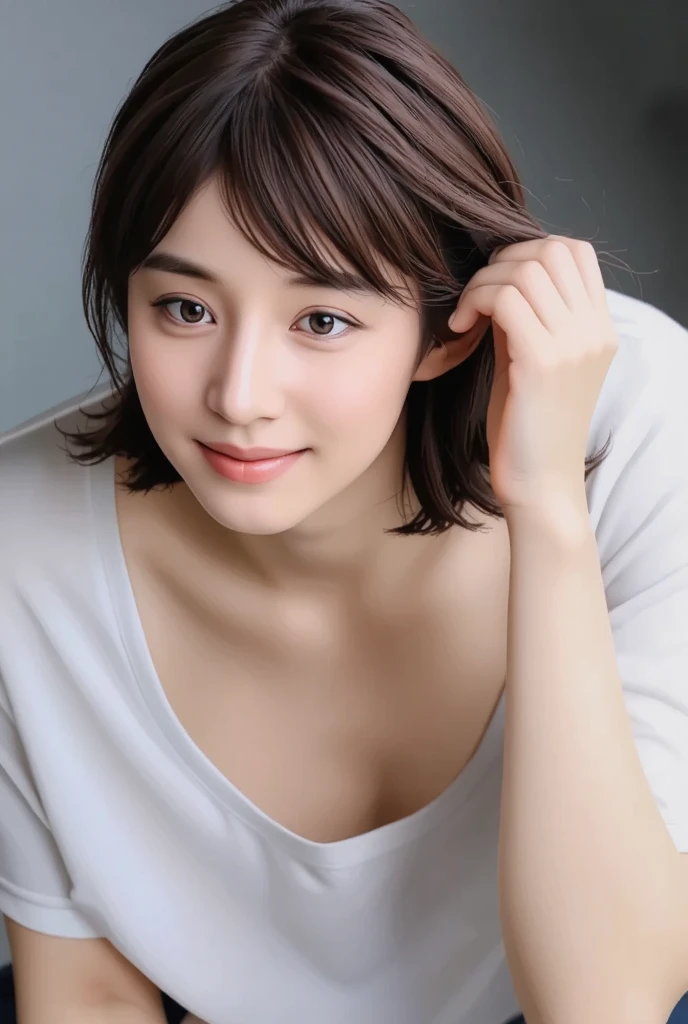 (Nsfw、RAW Photos, Highest quality、Realistic, Photorealistic:1.5), Tabletop, Very delicate and beautiful, Soft Light, (Brown Hair, Straight shoulder-length hair fluttering in the wind), Beautiful detailed girl, (Detailed fingers), Highly detailed eyes and face, Beautifully detailed nose, Beautiful attention to detail, 1 person, Japanese, Pure beauty, cute, young, Dress shirt, pants, (Half Body:1.3), (Big breasts), Realistic face, Realistic body,