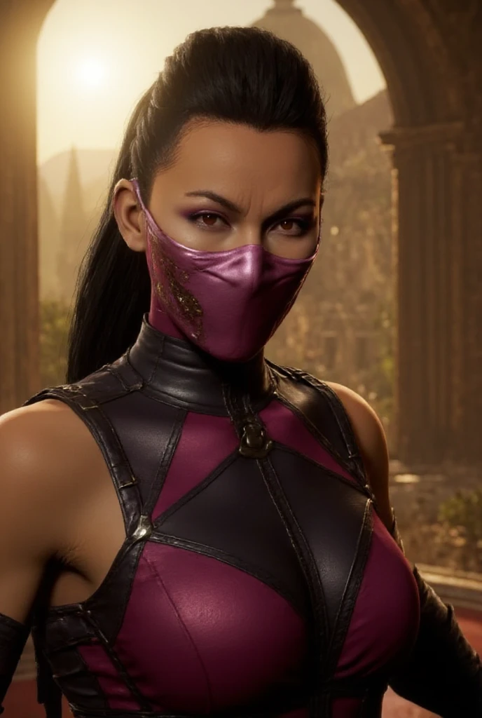 mileena, black hair, ponytail, brown eyes, pink bodysuit, mouth mask,
upper body, hair ornament, cleavage,
looking at viewer,
night, outdoors,
(insanely detailed, beautiful detailed face, masterpiece, best quality),
<lora:mileenaMK1-10v2:0.8>