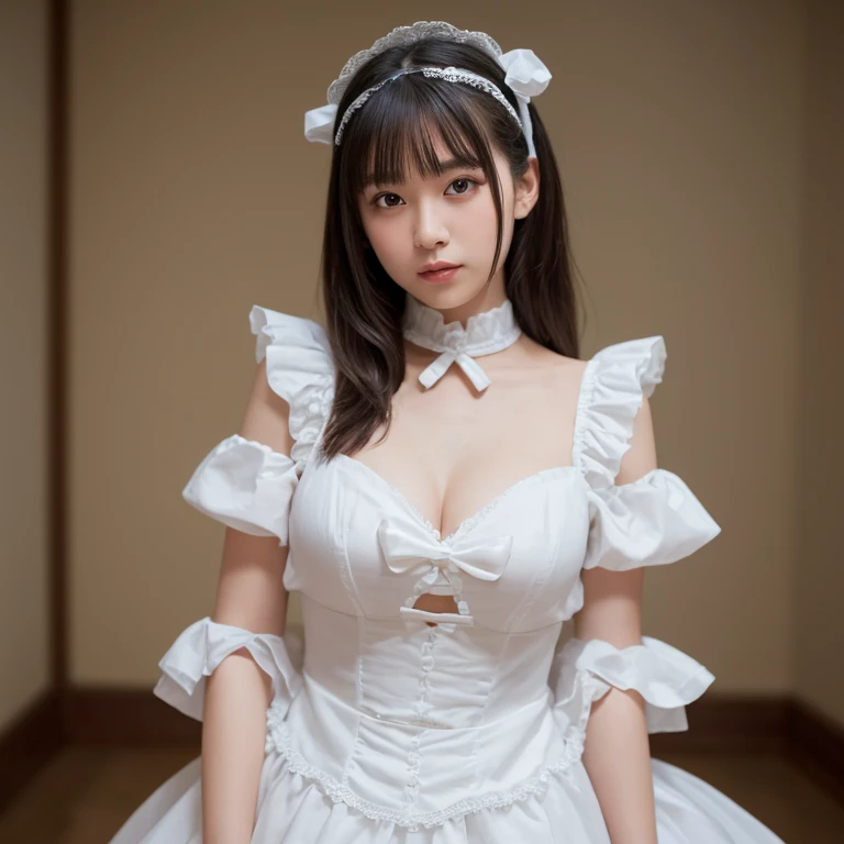 medium: digital painting,soft colors,romantic,anime style,long hair,sparkling eyes,rosy cheeks,puffy sleeves of the maid outfit,elegant lace details,flower hair accessory,bow tie,frilly apron,innocent smile,vintage background,soft lighting,best quality 4k,ultra-detailed,photorealistic.