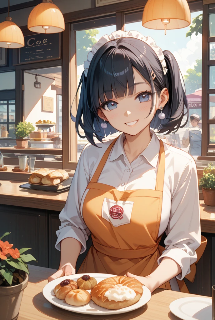 (Waitress Style) (solo blunt bungs black hair long hair cute:1.2 waitress girl, sexsy closed eyes, love smile, open mouth), (15 yo) (in a cute waitress uniform, lovely skirt, heart apron), (hand holding a A tray carrying food), BREAK, (in the lovely Trattoria), perfect anatomy, masterpiece, best quality, 16k, beautiful detailed grow, daydreaming expression)