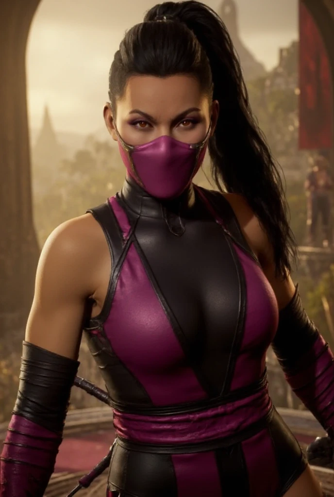 mileena from mortal kombat, masked, full body, beautiful detailed eyes, beautiful detailed lips, extremely detailed face and skin, long eyelashes, deadly assassin, dark fantasy, gothic, chiaroscuro lighting, moody atmosphere, dramatic pose, mysterious, cinematic, 8k, ultra-detailed, photorealistic, masterpiece, vibrant colors, dramatic lighting, full body