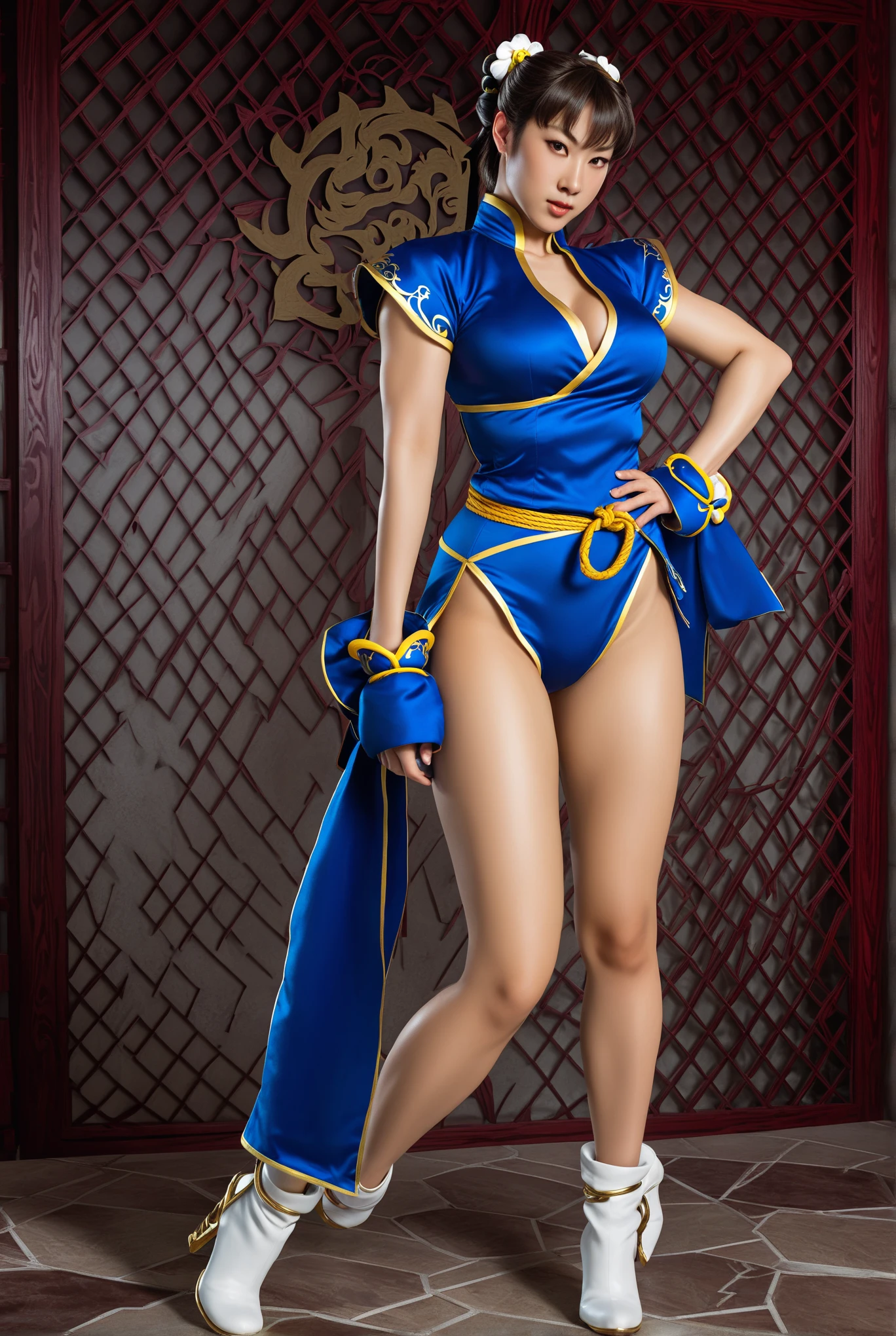 cinematic photo realistic photo of Chun-Li from Street Fighter, (ox-horns hairstyle:1.2) adorned with silk brocades and ribbons, wearing a blue qipao with golden accents, cleavage,(full body, legs split:1.2), facing the viewer, side slit, short sleaves, (white boxing boots:1.2), hyperrealistic, muscular legs, tiny waist, cosplay, dojo background . 35mm photograph, film, bokeh, professional, 4k, highly detailed
