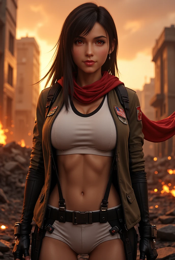 mikasa_ackerman,solo person,by itself,Off-the-shoulder clothing,musclina,cleaveage,へそ,open waist,abs,vest line,Off-the-shoulder attire,
