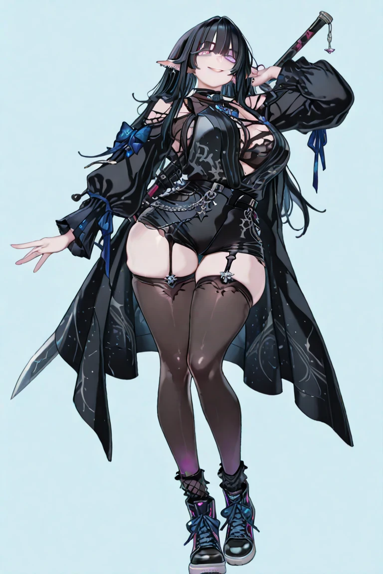 -cacao, 1girl, solo, weapon, long hair, holding, breasts, boots, sword, jacket, green ribbon, hair bun, double bun, open mouth, full body, bare shoulders, purple hair, underboob, large breasts, high heels, standing, looking at viewer, fingerless gloves, navel, thighhighs, hair ribbon, ribbon, holding weapon, high heel boots, green eyes, holding sword, open jacket, gloves<lora:cacao-000018:0.8>,