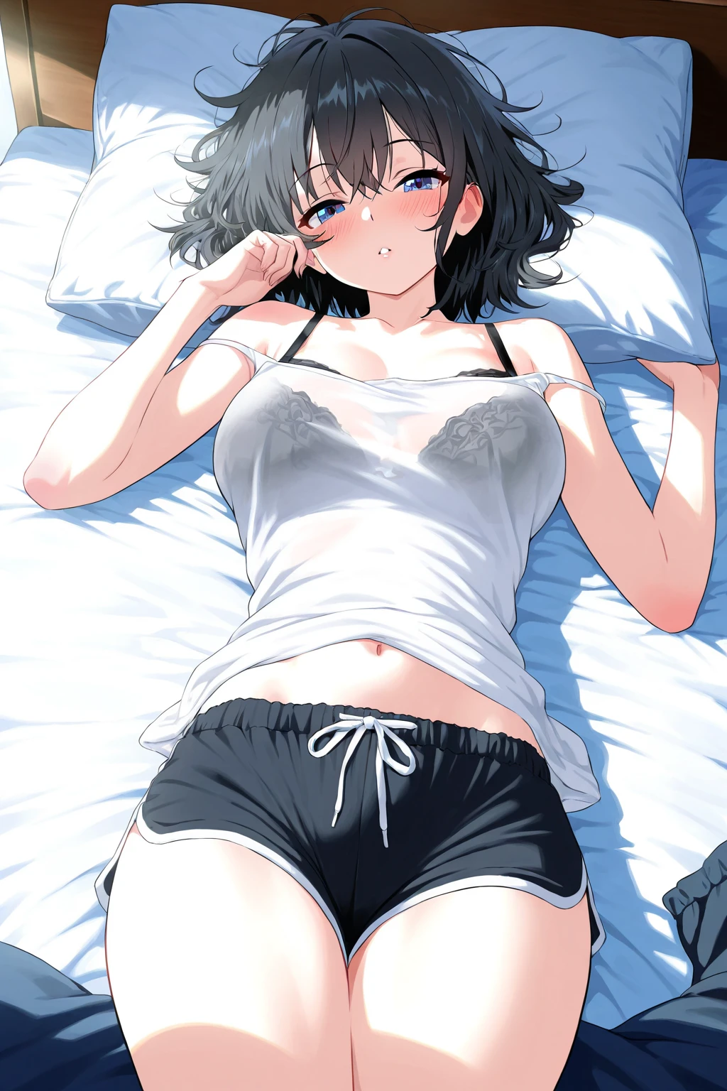 (one girl), nipple, shy girl, (perky chest), (hard nipple), (small breasts), wet body, open your legs, camel toe, cute face, well proportioned face, embarrassing, black eye, black hair, dull bangs, short bob hair, Underwear with see-through, black underwear, black bra, see through bra, skin dents,  small breastss, slender body, Bedroom, (lying in bed), whole body, vaginal spillage, muscular, sunburned, orgasm face, (Lying), masturbation behavior, Normal position, whole body, open thighs, Lie, spread your legs, pussy, sleep on your back, accurate body