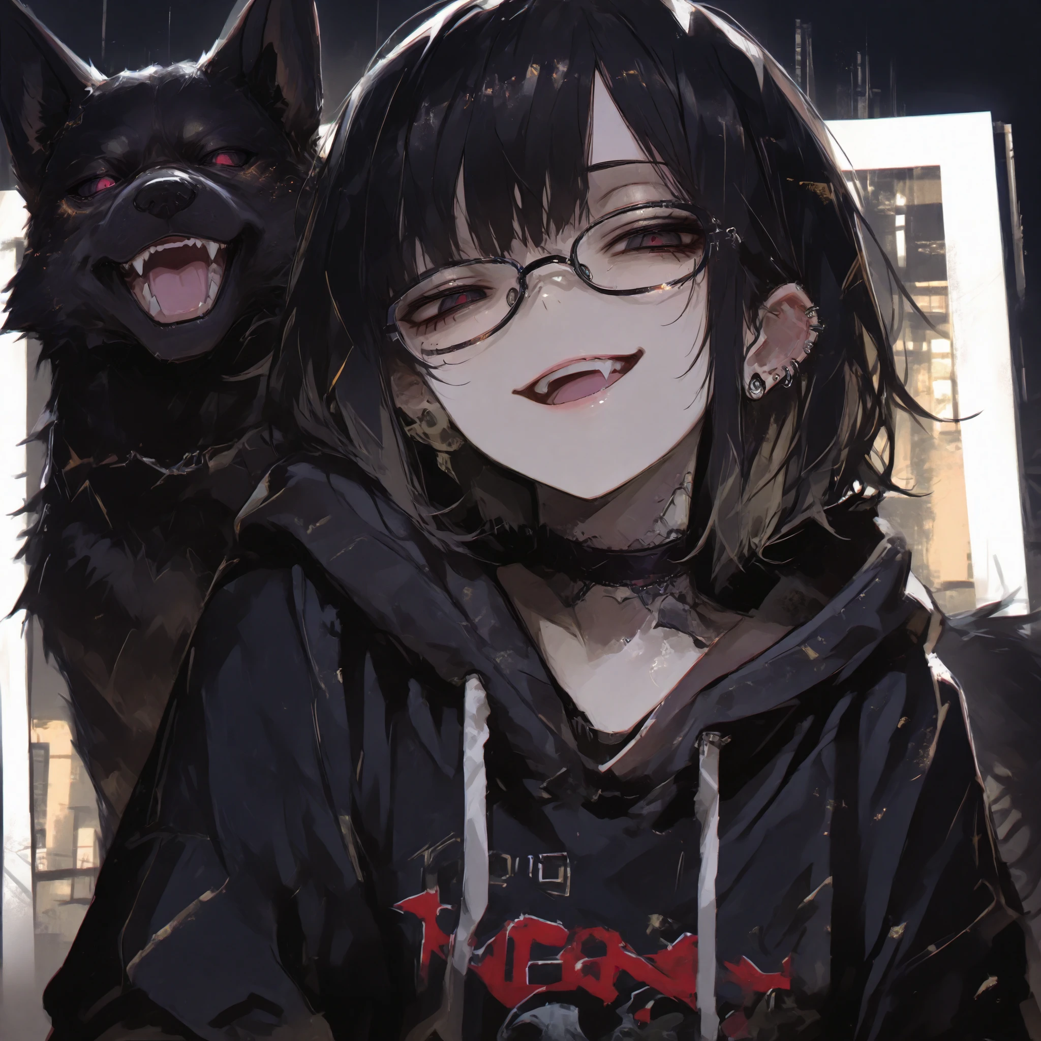 1girl, one girl with short black hair wearing an oversized black hoodie, dark eyes, glasses, black choker, canine, smirk, open mouth, ear piercings, grunge, dynamic pose, (cinematic lighting, masterpiece, beautiful, neon background)