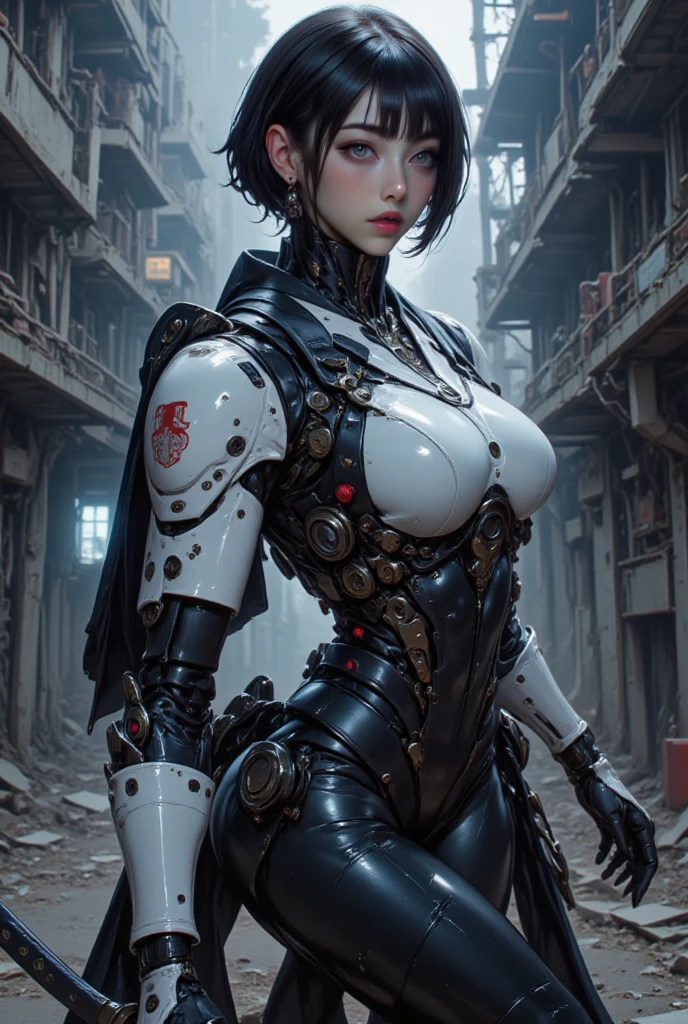High resolution photo of a woman、Beautiful woman in a bare-chested white leotard、Dark blue bob hair、bangs、stockings、High heel boots、Holds a gun from the future、Black leather jacket、ghost in the Shell、Motoko Kusanagi、City of the Future、