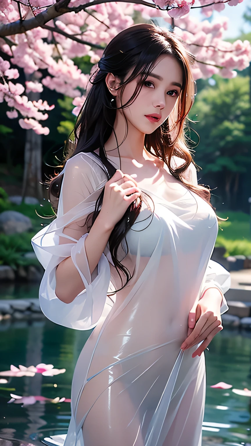 (Highest quality:1.4), Beautiful Face, 8k, Absurd, (Hanfu、Transparent clothes、Show your whole body:1.4),Viola Lace, Gardenia, Delicate girl, alone,  Looking at the audience, film grain, chromatic aberration, Sharp focus, Face Light, Professional Lighting, Sophisticated, (rain、Wet Hair、Wet Face、Wet body、Wet clothes:1.5)、(smile:0.4), (Outdoor、Simple Background, Background blur:1.2), Detailed aspect、attractive,(Huge breasts:1.6)