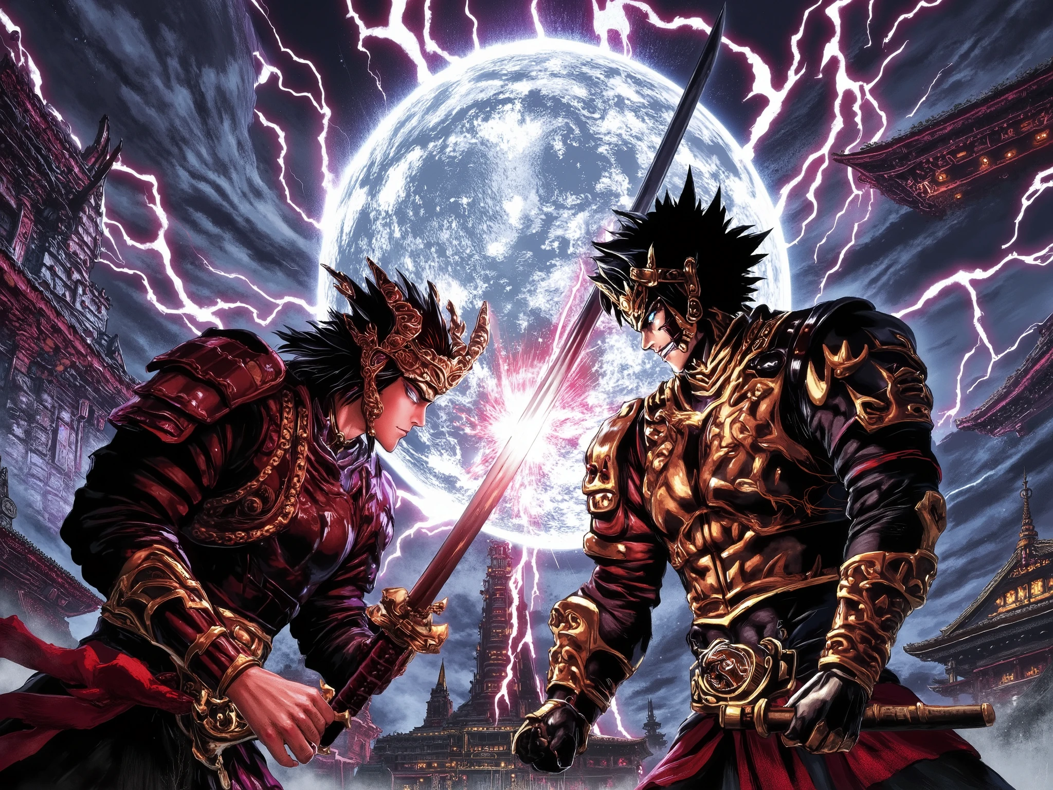 Anime style, Yusuke Murata style, perfect lighting ,masterpiece, top quality ,2male ,Nobunaga Oda and Levi Arckaman, ((fighting each other:1.5)), facing each other, each bodies emanating a different aura color, sword stances, fighting stance, clashing, battle scene where two sword wielding characters clash their blades against each other, sword clash, on the surface of the moon, sword samurai, epic battle, sword fight , (light injuries on both sides:1.5), wide view, temple in the background, moon in the background, lightning bolts,