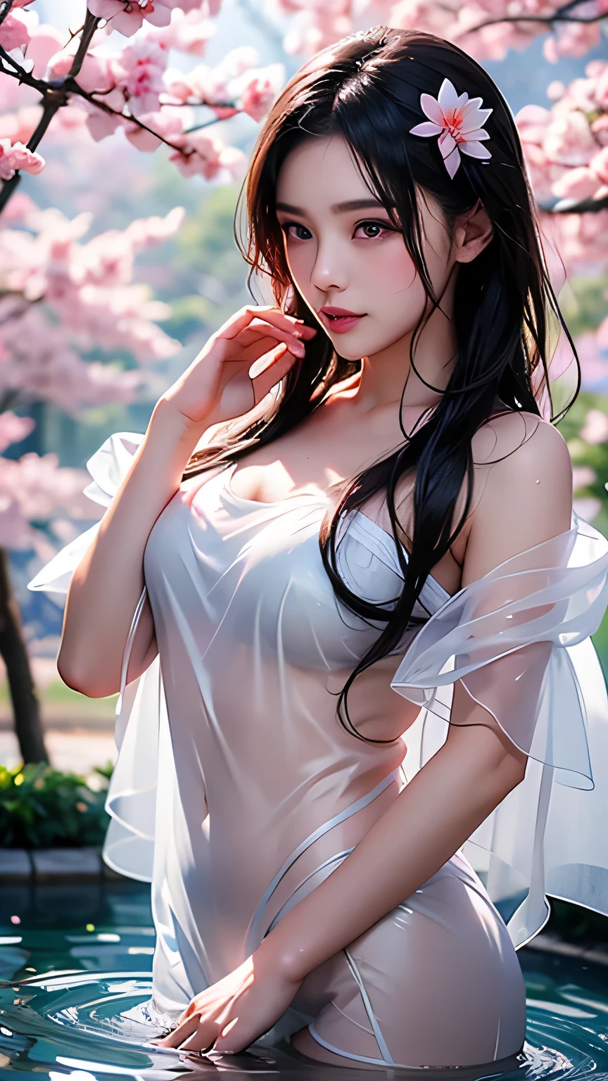((top quality)),(ultra high resolution),(Super detailed),(detailed description),((the most picturesque works of art),super precision art,amazing art of depiction,fantasy art:1.5, ((綺麗なflower々:1.3)), (glamorous body:1.5),fancy background effects、masterpiece、fancy details、(NSFW 1.1), ((1 female)), ((muste piece)), ((extremely detailed:1.3)), ((Beautiful woman entering the lake in crystal clear water)), ((beautiful long hair)), wet hair, wearing a transparent dress, Bathing clothed, (水に浮かぶバラのflowerびら:1.5), (early morning light), ivory gold AI, temple, crepuscular lighting, (very huge )、pink nipples、pink areola，Transparent pink areola、((Transparent pure white wedding dress that shows your skin、Detailed design))、Arranged,intimate, rose garden、colorful roses、lake with floating roses、wet body、(頭にflowerの装飾)、大きなflowerいっぱい、solo, water play, flowerいっぱいの髪飾り, flower々, sky porn,Pure white dress that becomes transparent when wet, shines wet with water、(muste piece),(Highly detailed CG Unity 8K wallpaper),best quality,cinematic lighting,detailed background,beautiful detailed eyes,bright pupils, (very delicate and beautiful),(Beautiful and detailed eyes),((muste piece)),(Purple eyes)